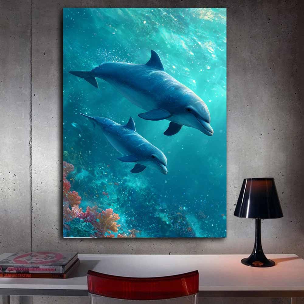 HUYEEI Niebieskie zwierzęta morskie, krajobrazy, niebieski, delfin, cień, pejzaż morski, plakat, natura, nadruk, do salonu, sypialni, łazienki, dekoracja (niebieski 296) - 60 x 90 cm oprawiony
