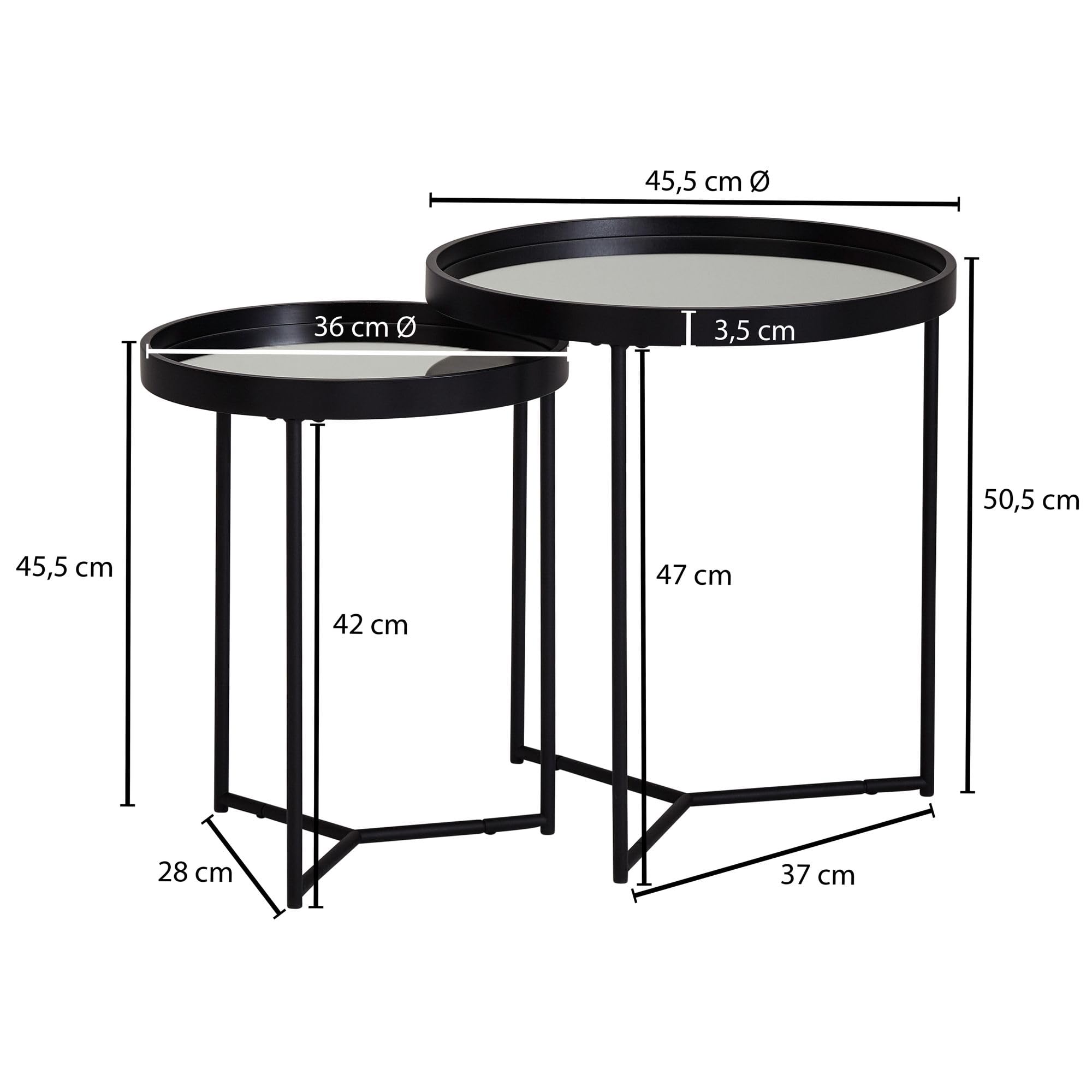 FineBuy Design Beistelltisch Rund Ø 50/36 cm - 2 teilig Schwarz mit Spiegel Glasplatte, Wohnzimmertisch 2er Set, Satztisch verspiegelt, Couchtisch