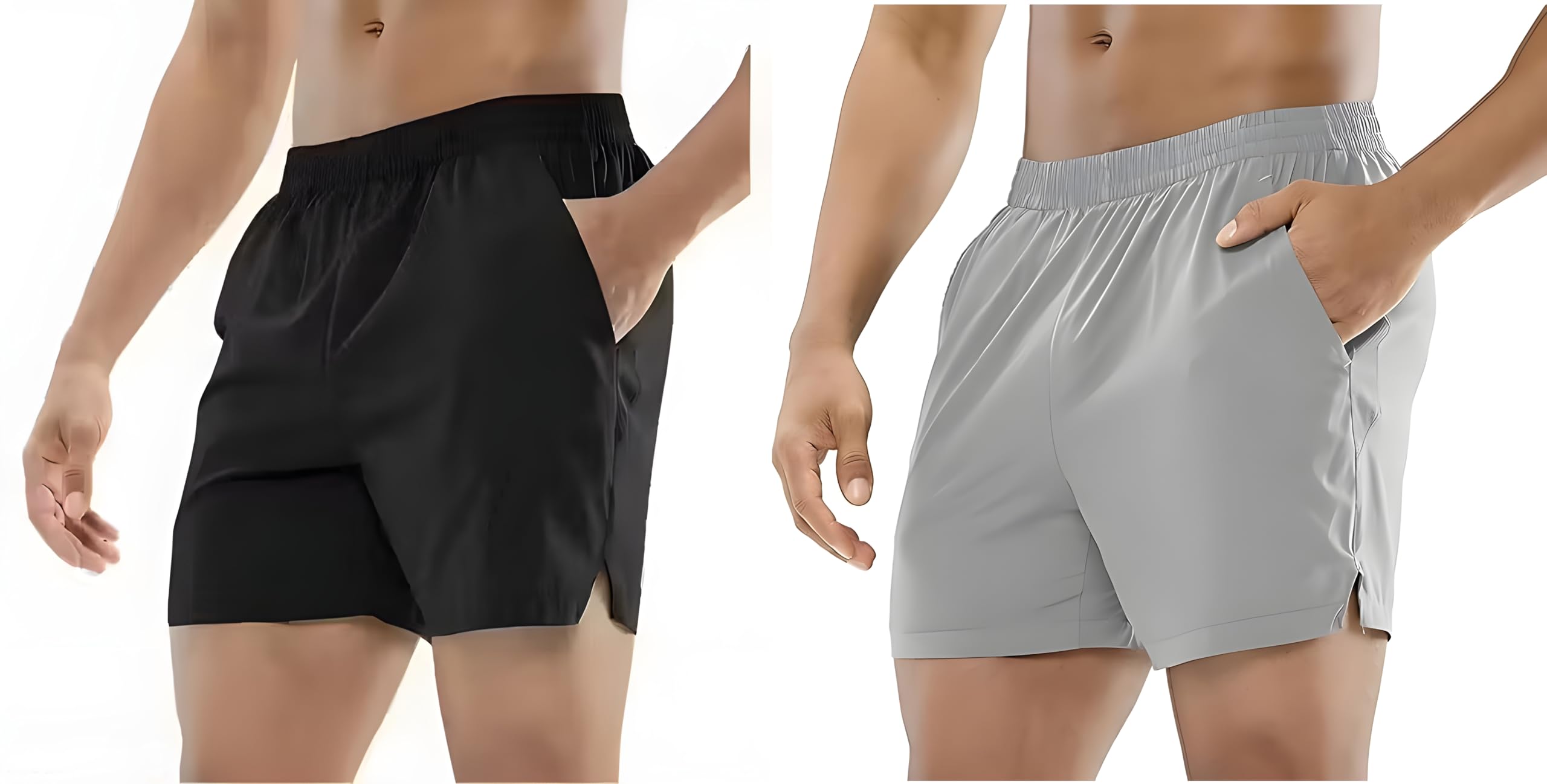 Men's Athletic Running Shorts, Quick-Dry, Two-Tone Black and Grey, with Side Pockets