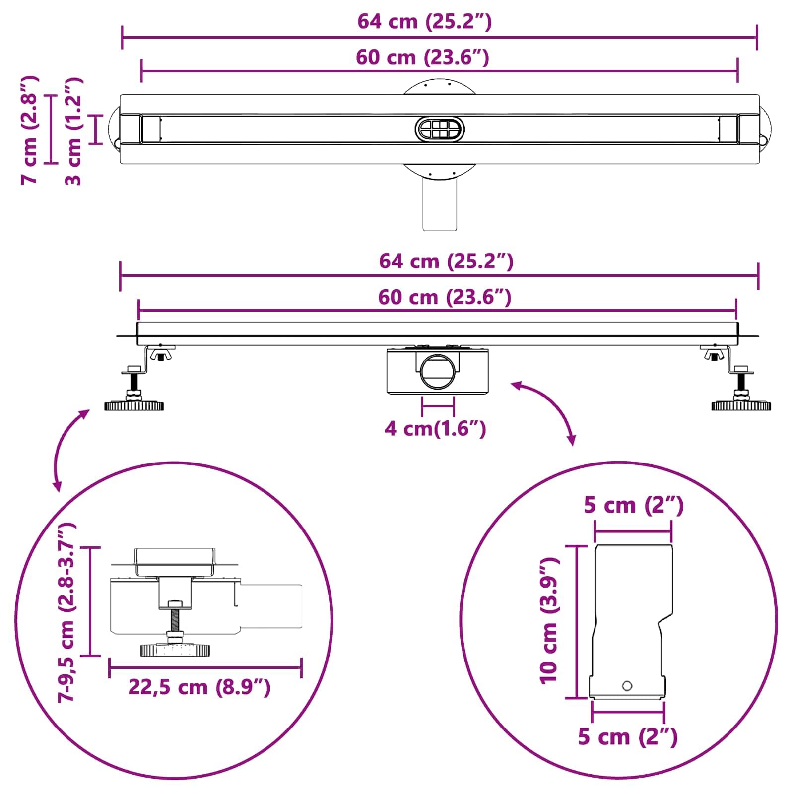 360° Duschablauf Edelstahl 304 Slim Modell Silber 60 cm mit höhenverstellbaren Füßen, geruchsverschluss, ablaufgarnitur, siphon, sieb, universal für dusche, badezimmer, küche
