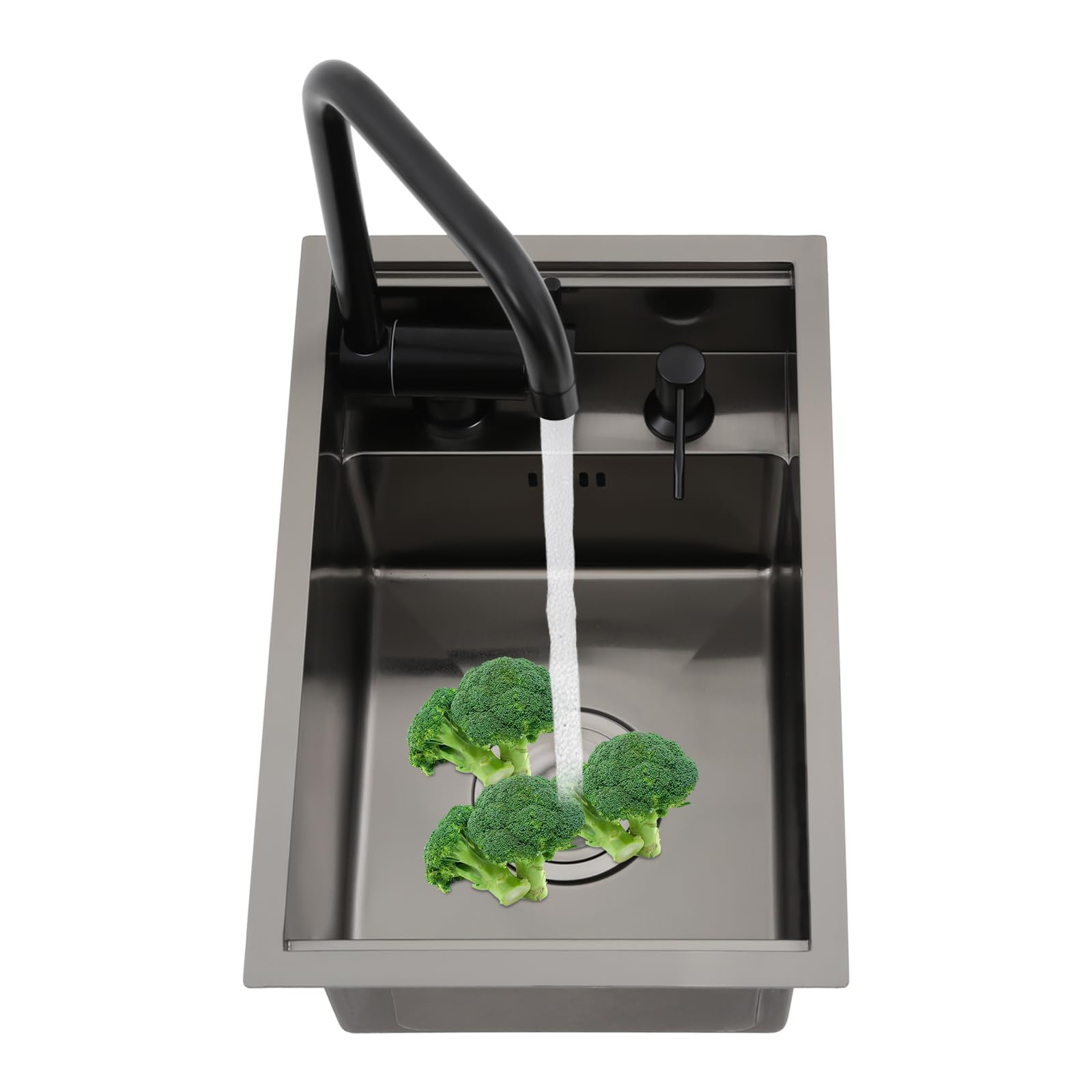 Lavello da incasso in acciaio inox, piccolo, 45 x 30 x 23 cm, 1 lavandino, lavello da incasso, lavello in acciaio inox con rubinetto pieghevole e dispenser di sapone, per negozi di dessert, caffè
