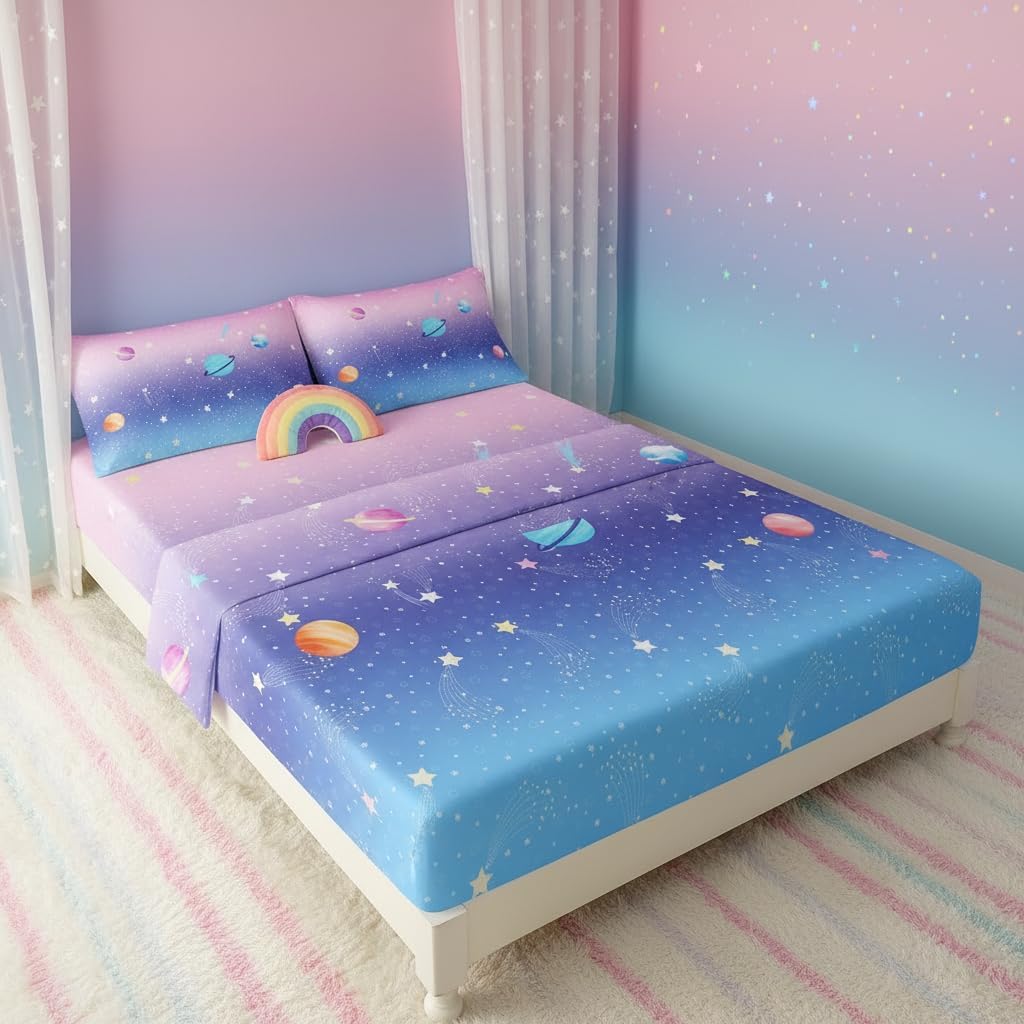 QOOMO Cartoon Planet Kids Sheet Set Queen Size,Stars Print Bedding Set Lightweight for All Seasons,Color Sets for Room Decoration,1 Fitted Sheet,1 Flat Sheet,2 Pillow Cases