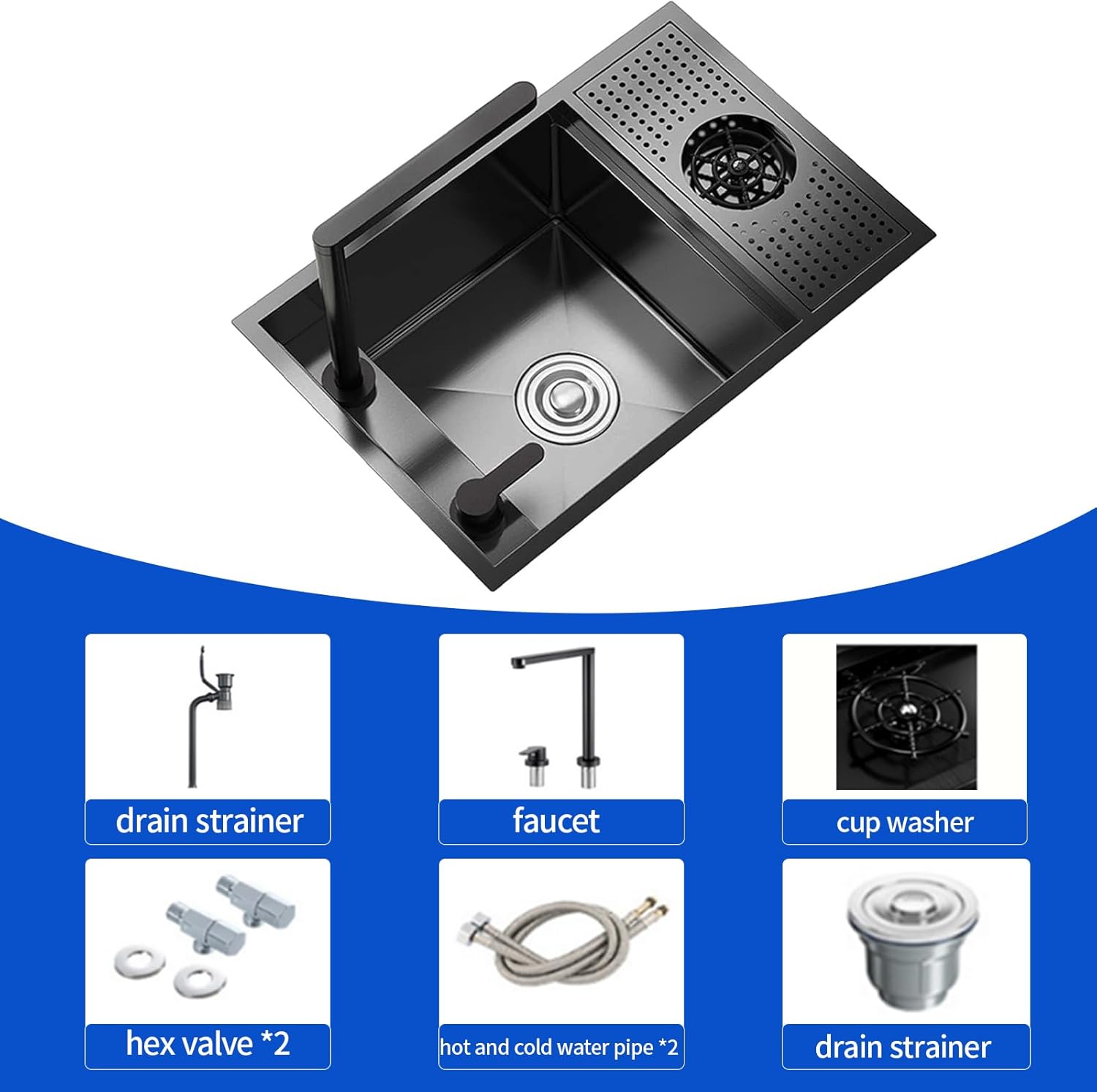 22"x12.5" Undermount Small Bar Sink – Black Stainless Steel Prep Sink with Cup Washer & Full-Cover Flat Board – Compact Second Sink for Kitchen Island, Wet Bar, Butler Pantry (Style 2)