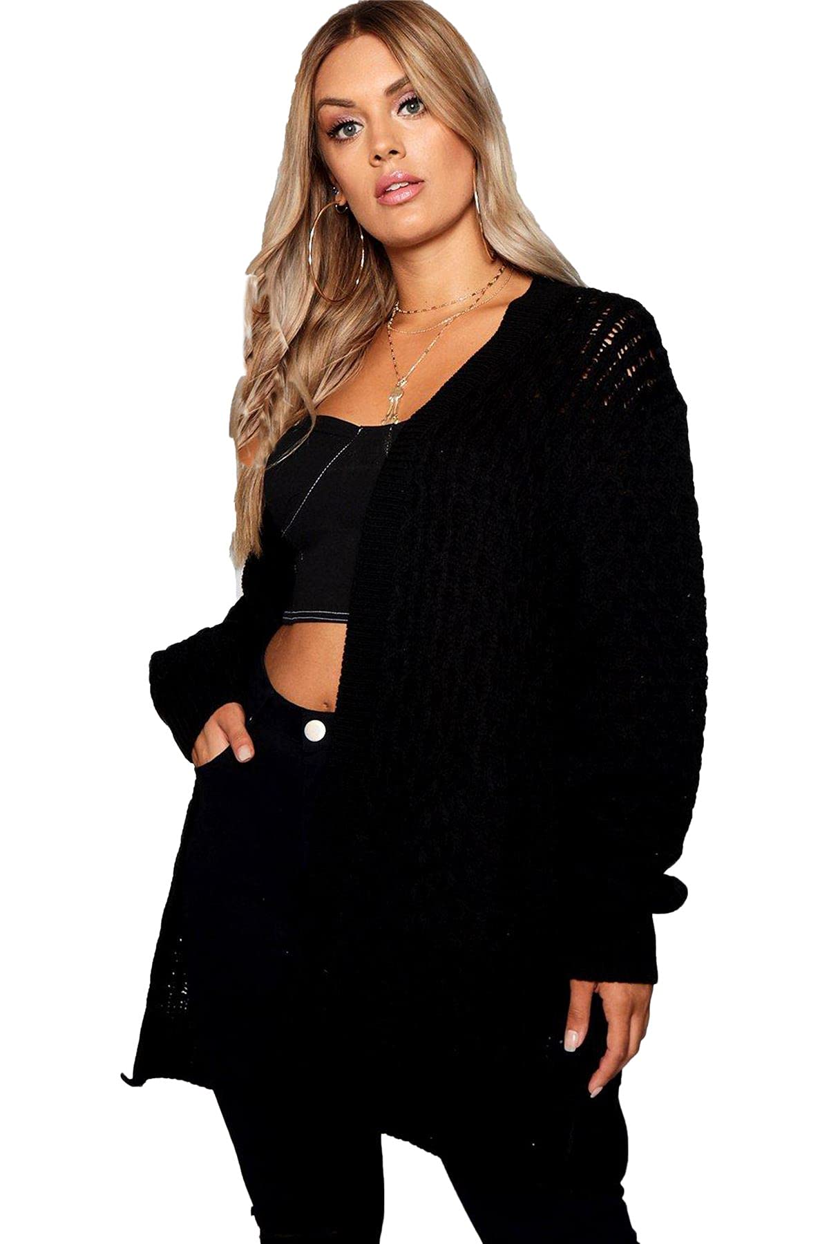 Crazy Girls Womens Crochet Knitted Boyfriend Cardigan, Black, SM (UK 8-10)