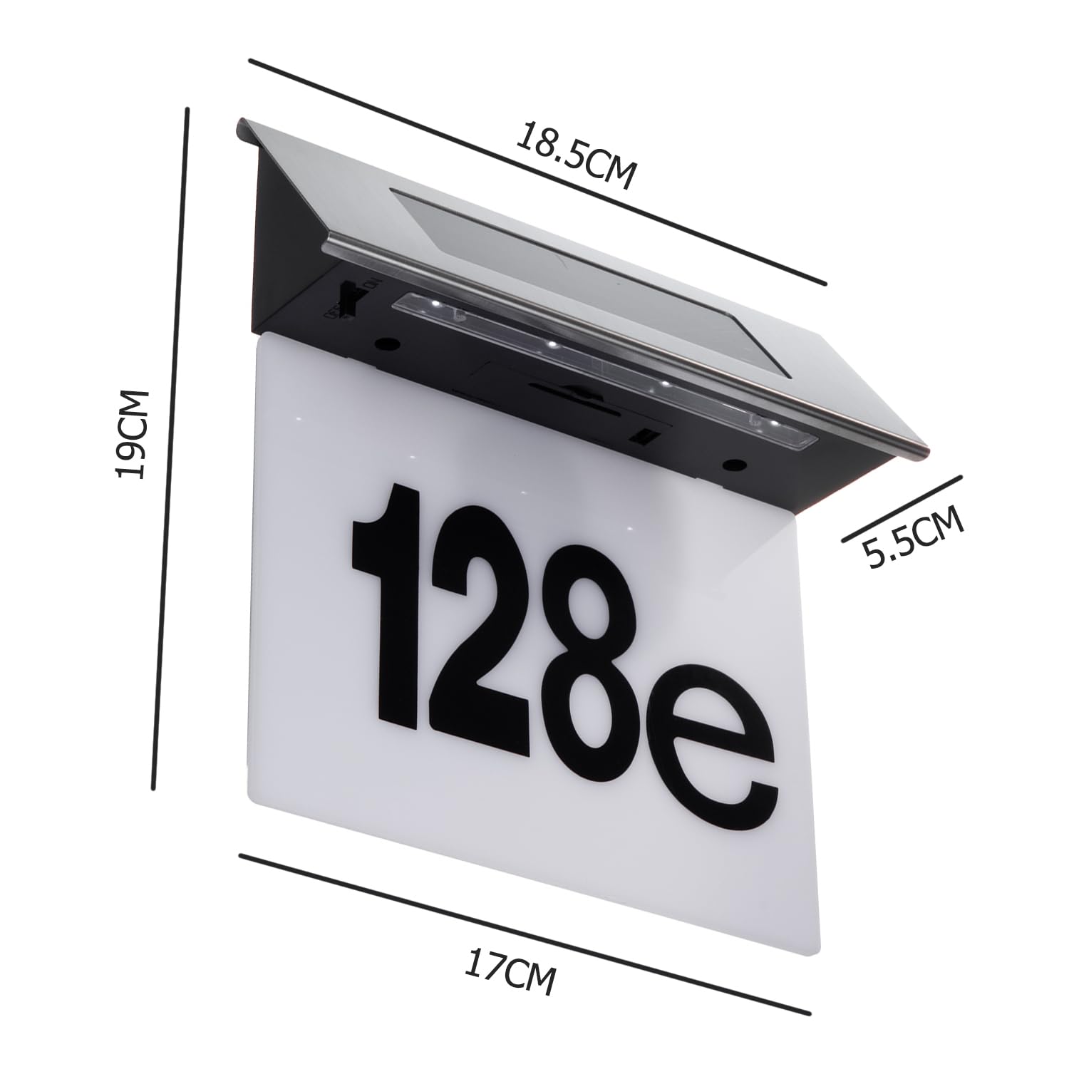 Maclean MCE423 luce solare per numero civico in plexiglass: numero civico 17x13cm con illuminazione a LED sensore crepuscolare IP44 60lm 1,5W bianco freddo 6000K applique da parete per esterno