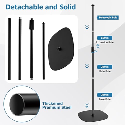 Miniatura 5 de BILIONE Soporte de micrófono para piso, 22 a 70 pulgadas de altura ajustable con base pesada, 2 clips universales para micrófono y adaptador de 38 a