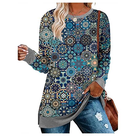 BETTE BOUTIK Long Women Floral Tunic Long Sleeve striped Sweatshirt Tunic Tops for Leggings for Women Drop sleeve Top Sweatshirt Long Sleeve Retro Blue Large