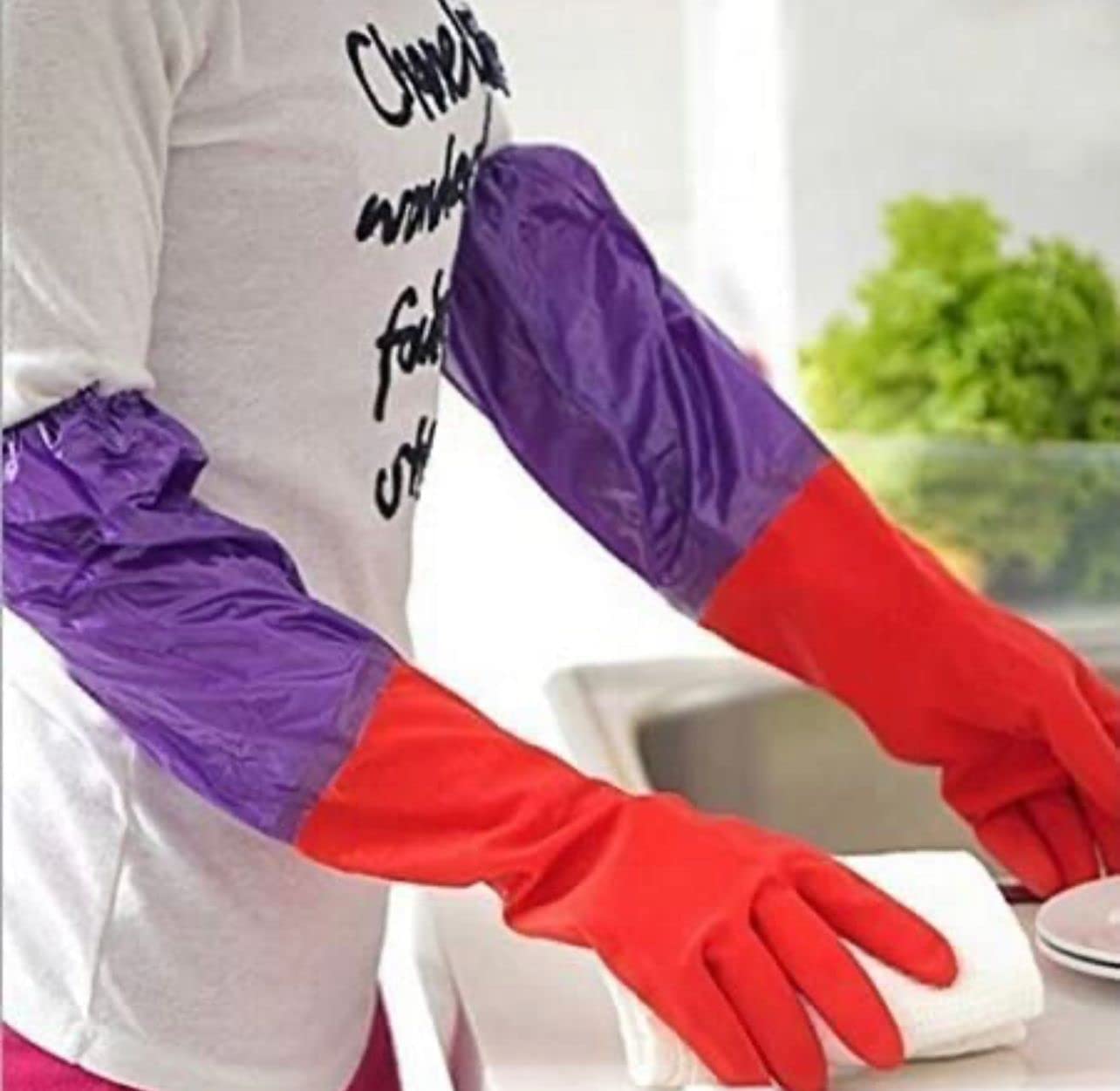 Wishbone Reusable Rubber Latex PVC Flock lined Long Sleeves elbow length Hand Gloves for Kitchen Dish-Washing, Cleaning, Gardening, Laundry and Sanitation and Lab Work (Long Elbow Gloves) (B0CLRNGGBM) Amazon Price History, Amazon Price Tracker