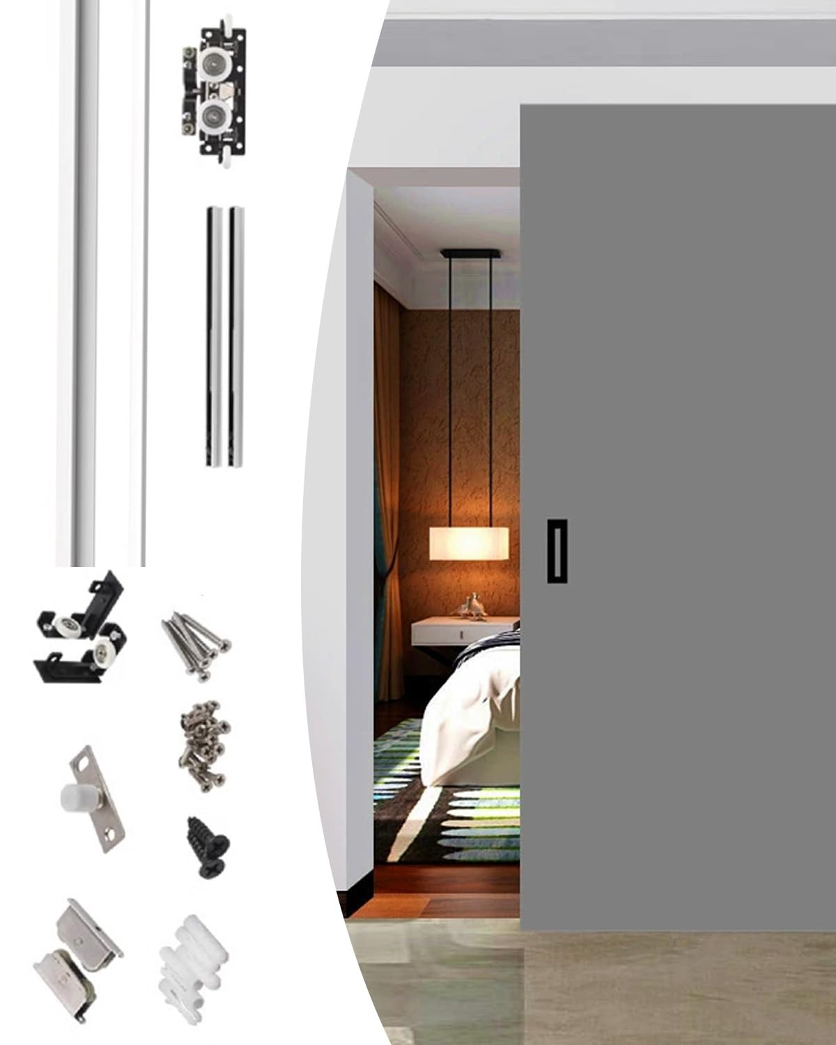 Sliding Door Kit Invisible Sliding Door Track 80 90 100 150 180 cm, Ghost Gate Guide Hardware Kit with Soft Close, Laundry Room Door Slider for Wooden Door(86cm/33.8inch/2.8ft)
