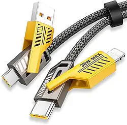 Cabo 4 em 1 Reforçado 65W Turbo com Conectores Lightning, Tipo-C e USB-A | Compatível com iPhone, Android, iPad, MacBook, Tablet e Notebook | 1 Metro | Nylon Trançado | Carregamento Rápido