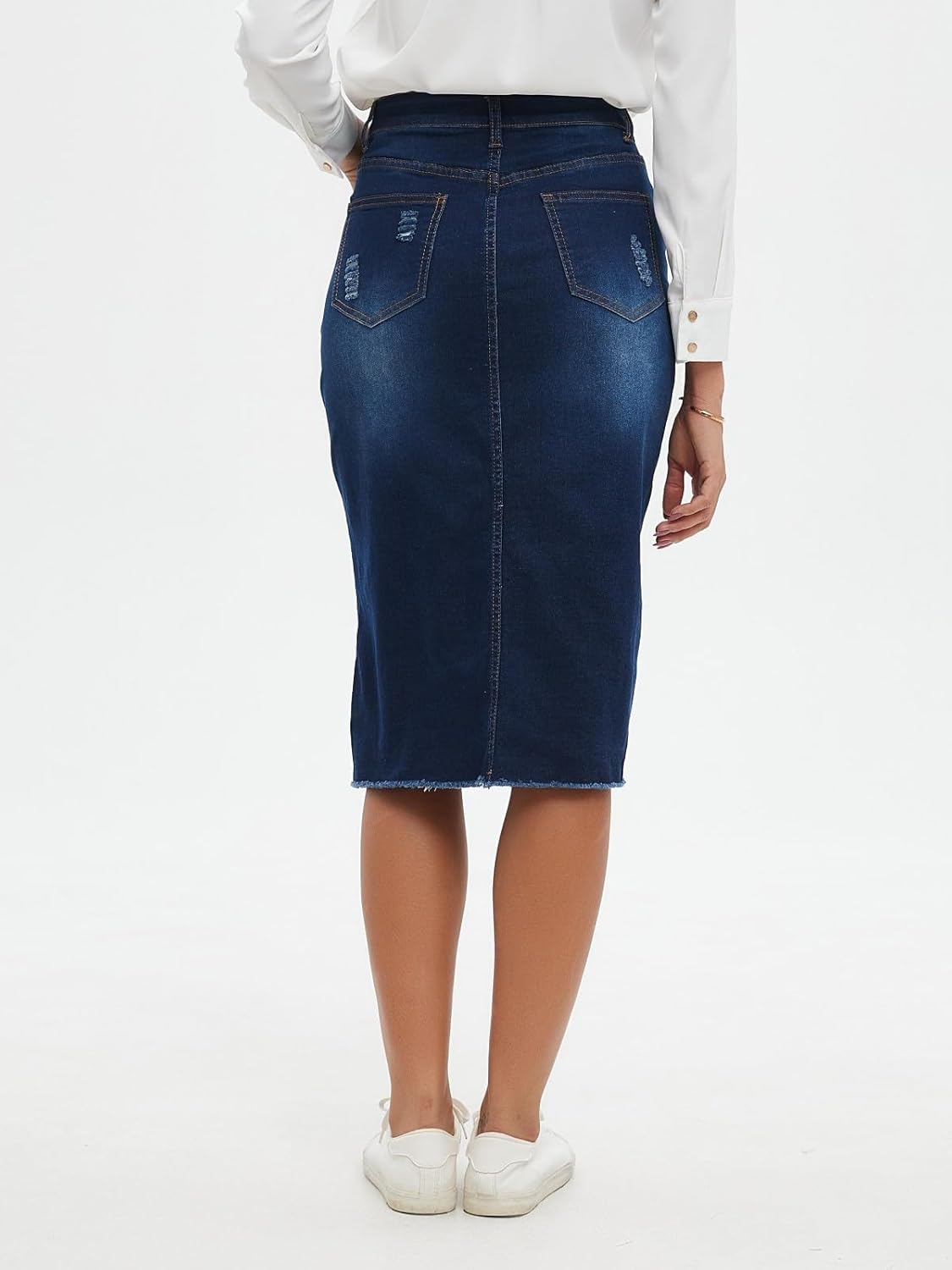 Women's Denim Skirt High Waisted Stretch Distressed Midi Skirt for Everyday Chic Y2K Style - Image 3
