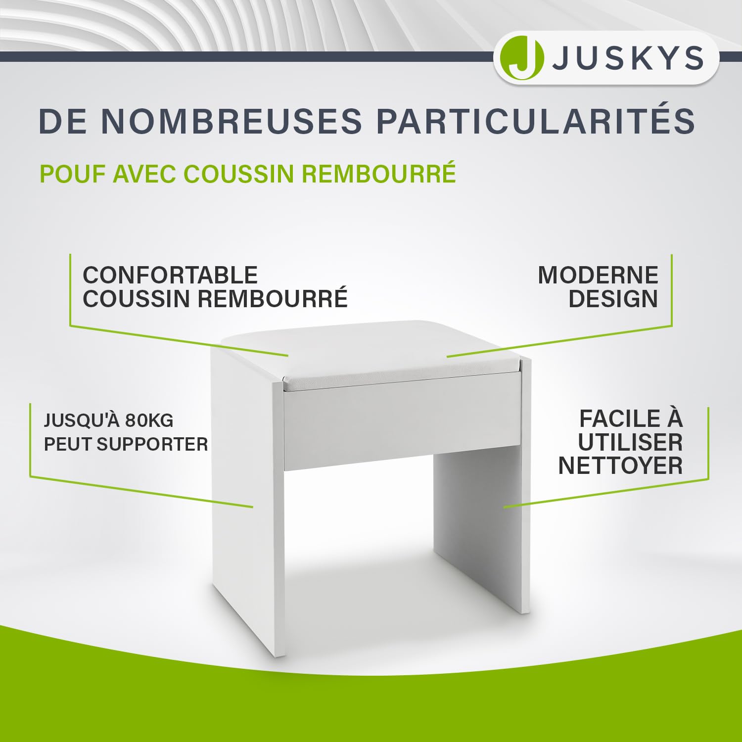 Juskys Tabouret de Coiffeuse Melly avec Coussin rembourré et Housse en Similicuir, Pouf de Maquillage en Bois, Siège Modern pour Chambre à Coucher, 40 x 30 x 43 cm