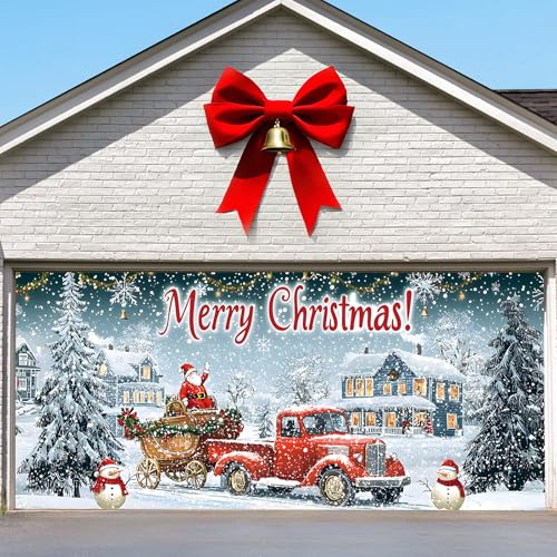 Brightown Christmas Garage Door Cover 7 x 16 ft Decorations, with Magnetic Hook and Elastic Cord for Easy Installation, Large Banner Backdrop for 2 Car Garage Door Party Wall Door Gate (White)