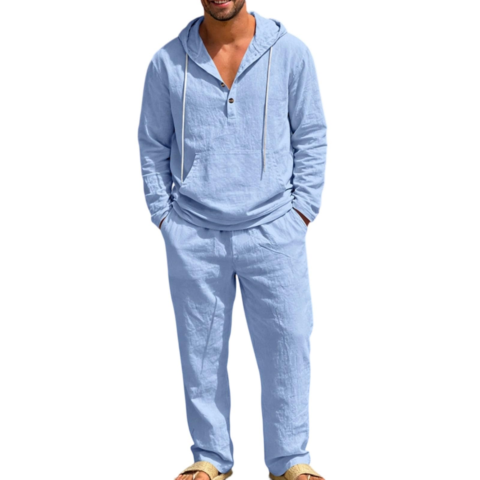 Genérico Traje de Lino para Hombre Informal Conjunto de 2 Piezas Conjunto Deportivo Hombre Camisa Lino Manga Larga Sudadera con Capucha Blusa Verano Camiseta Manga Larga y Pantalón de Playa