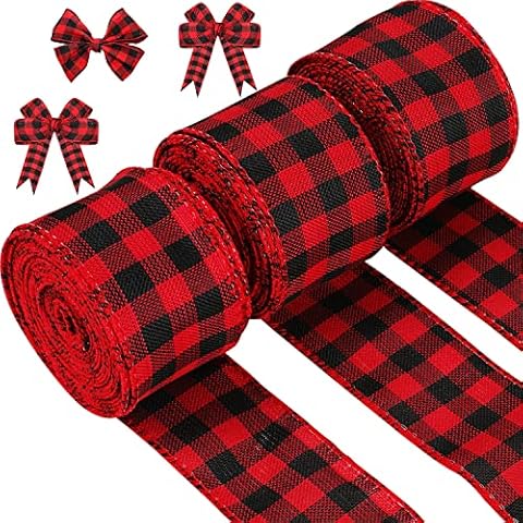 3 Rolls Christmas Wired Edge Ribbons, 30 Yards x 2 Inches Red Black Plaid Ribbon and Buffalo Plaid Ribbon for Christmas DIY Wrapping Wedding Party Bow Craft Making Cover