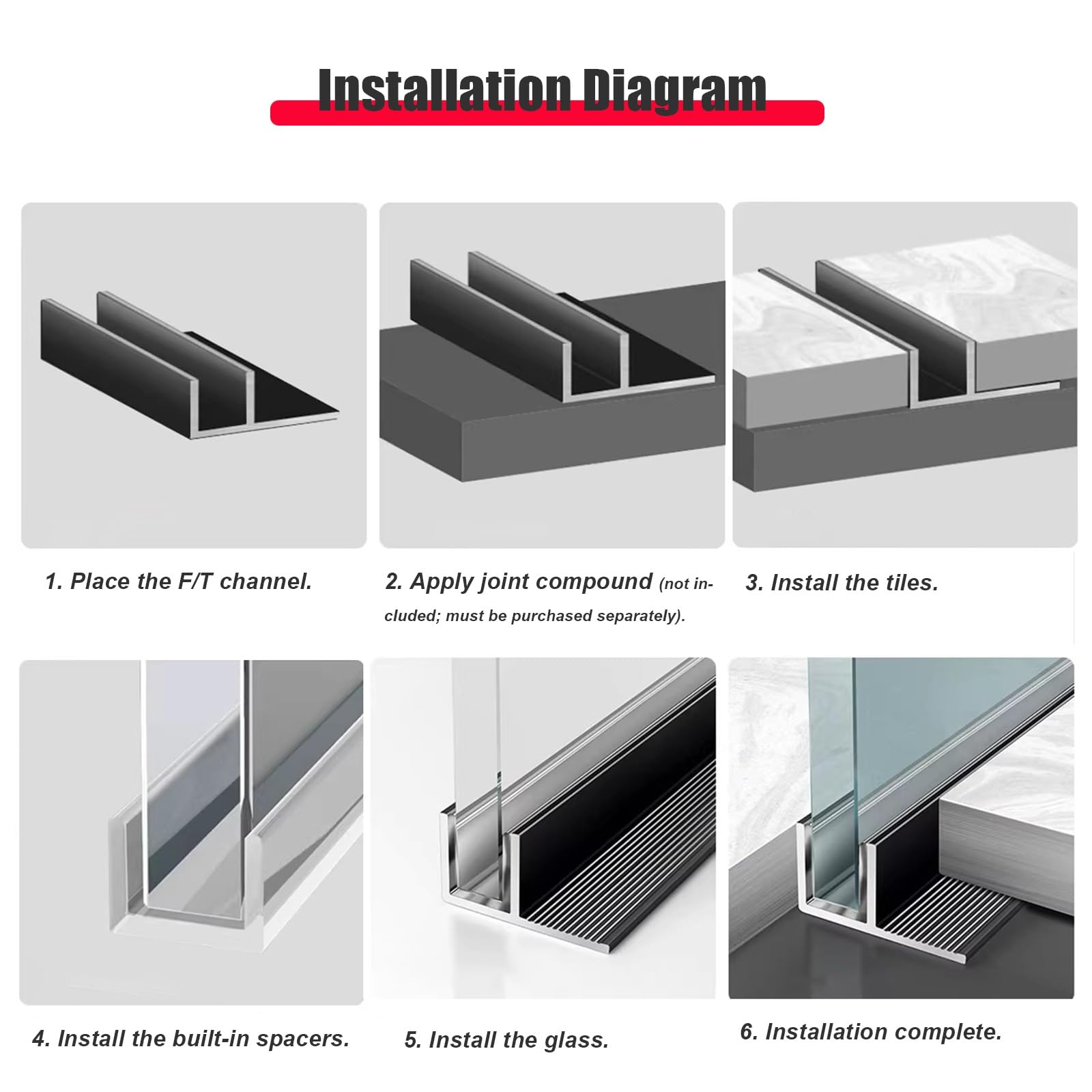 Canal en U de acero inoxidable para cristal de ducha, tira de fijación empotrada para mampara de ducha, perfil de techo y piso de pared