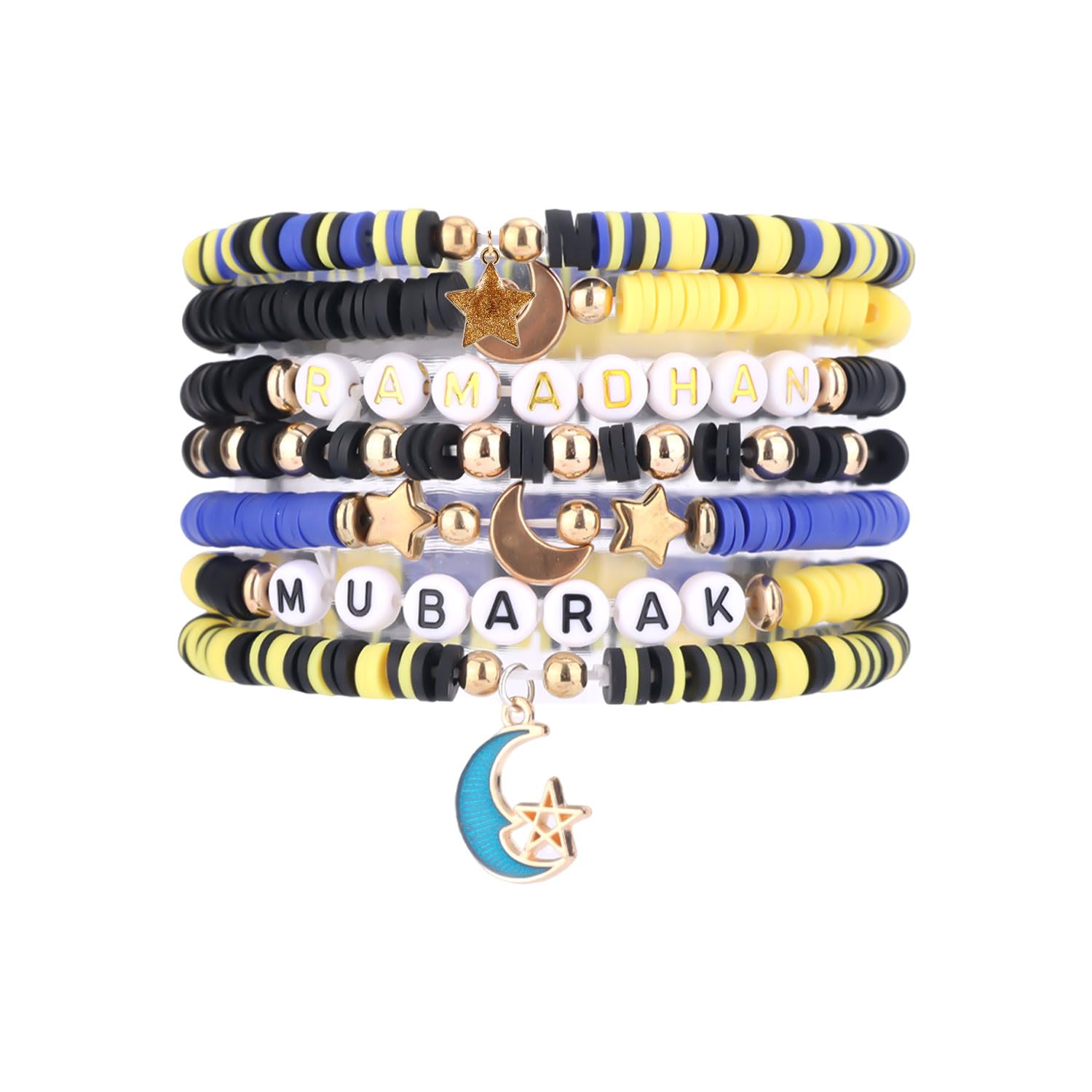 Set Di 7 Braccialetti Ramadan In Argilla Polimerica E Metallo, Con Luna E Stelle, Circonferenza 18 Cm, Regali Per Donne E Bomboniere