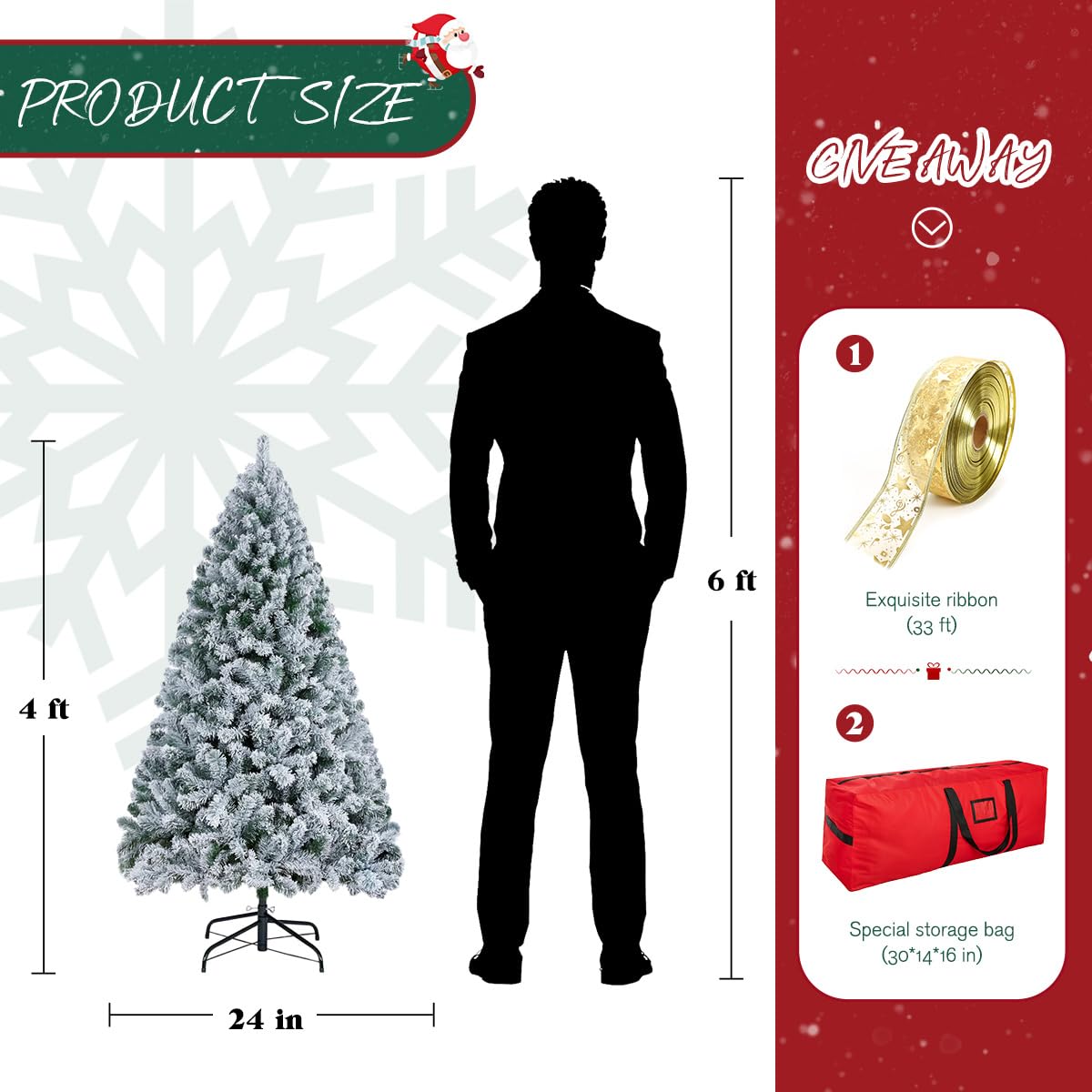 Sapin de Noël artificiel floqué de neige de 1,2 m avec 450 branches, épicéa de la vallée du Nord, support pliable en métal et accessoires de qualité supérieure – Assemblage facile, décoration de