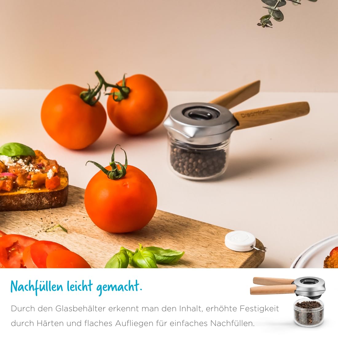 Dreamfarm ORTWO manuelle Gewürzmühle | Holz und Edelstahl | Einhändige oder beidhändige Bedienung der Pfeffermühle zum Variieren der Mahlleistung | 6 Stufen Keramikmahlwerk | Pfeffermühle, manuell, einhändig oder beidhändig bedienbar, Naturholz, 260 g