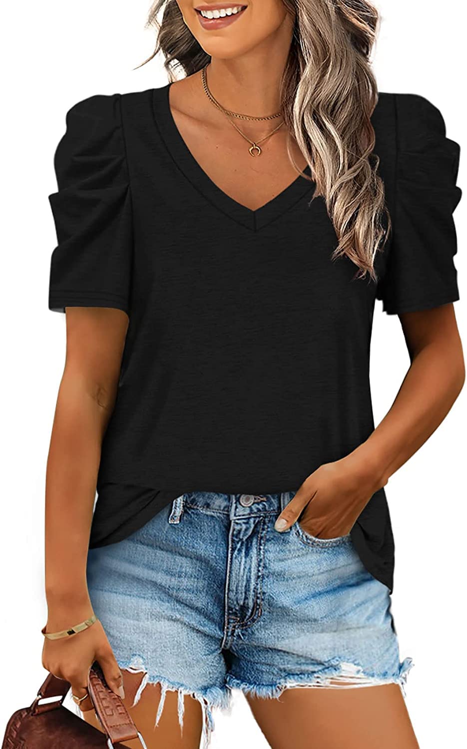 LCXWFEWomens Casual V Neck T Shirt Puff Sleeve Tops Ruched Elegant Summer Shirts