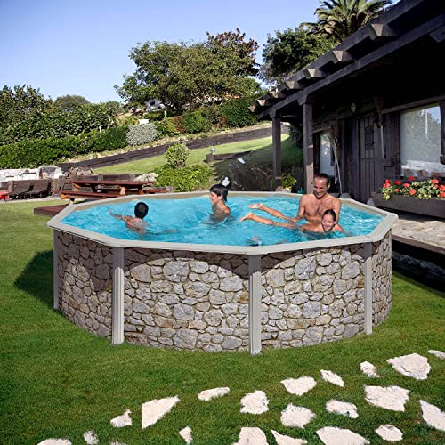 Paradies Pool® Gre Giant rund 460x120cm (Ø x H), Stahlwandbecken Stein, Poolplane in blau 0,4mm, Handlauf extra breit, inkl. Skimmer-Set und Leiter, Swimmingpool, Menge: 1 Stück