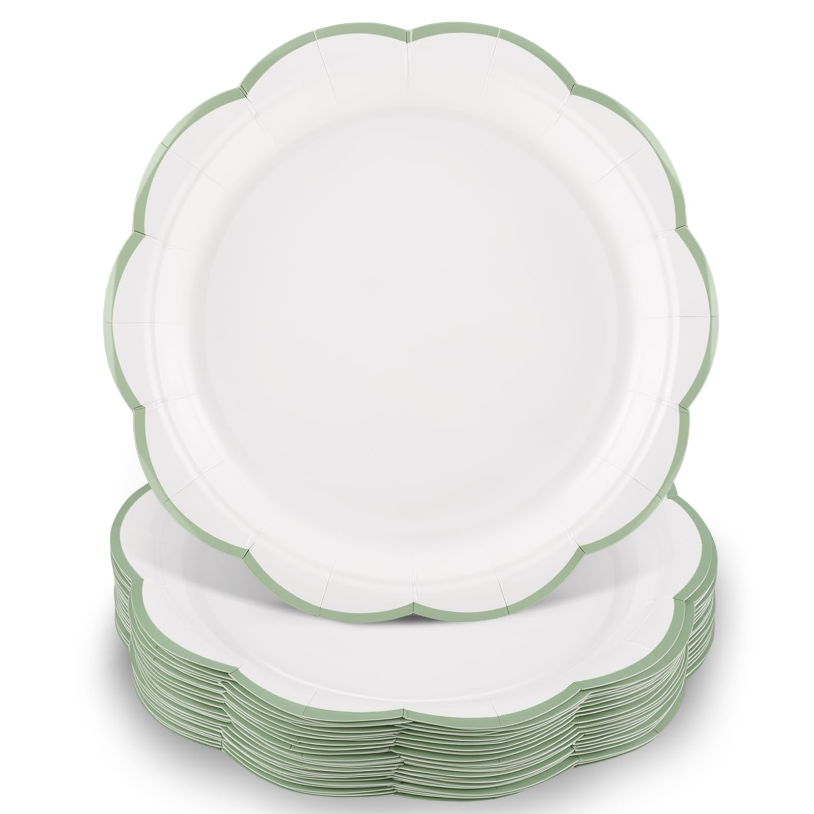 30 Pcs Sage Green and White Paper Plates 9 In White Plates with Sage Trim