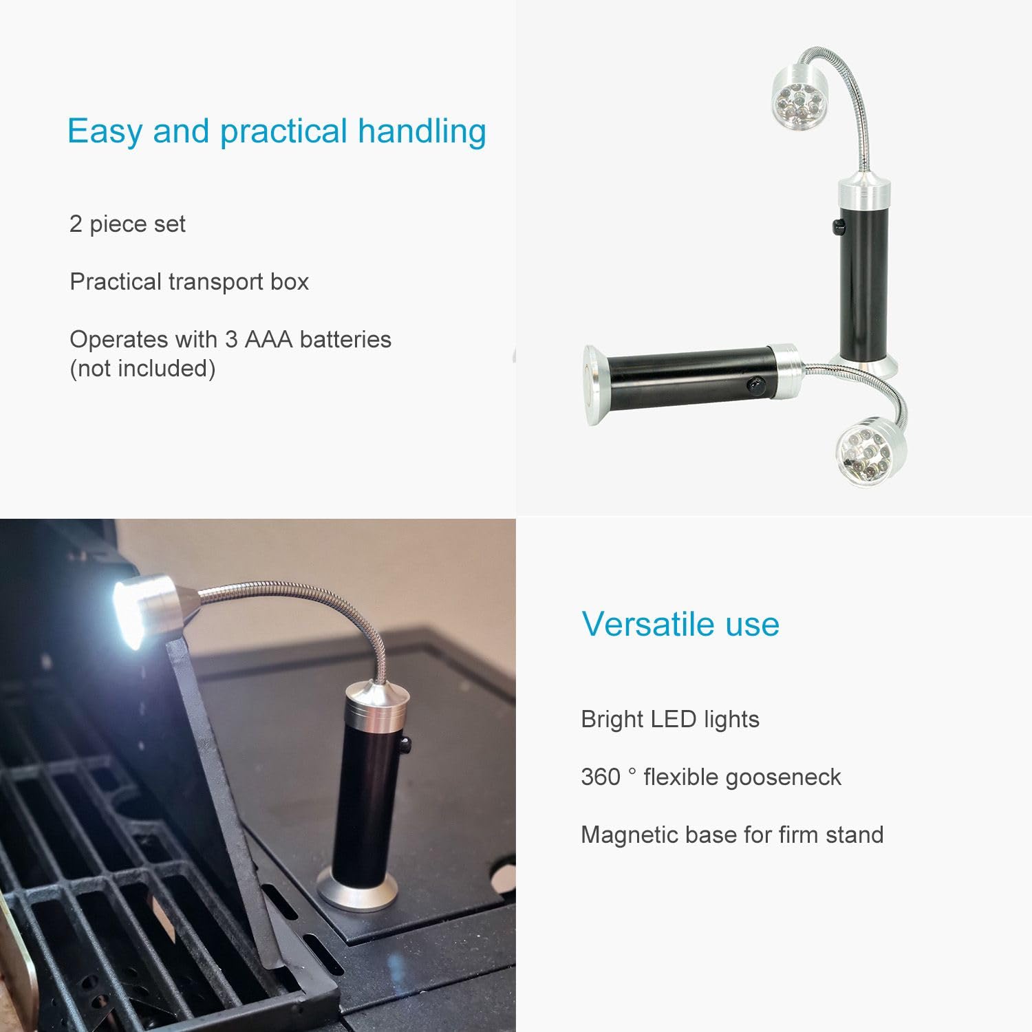 Intirilife Set magnetico di 2 luci LED per barbecue in lega di alluminio per grigliate in nero - argento - 24.6 x 3.9 cm - Per una buona visibilità durante le grigliate, il campeggio o il lavoro