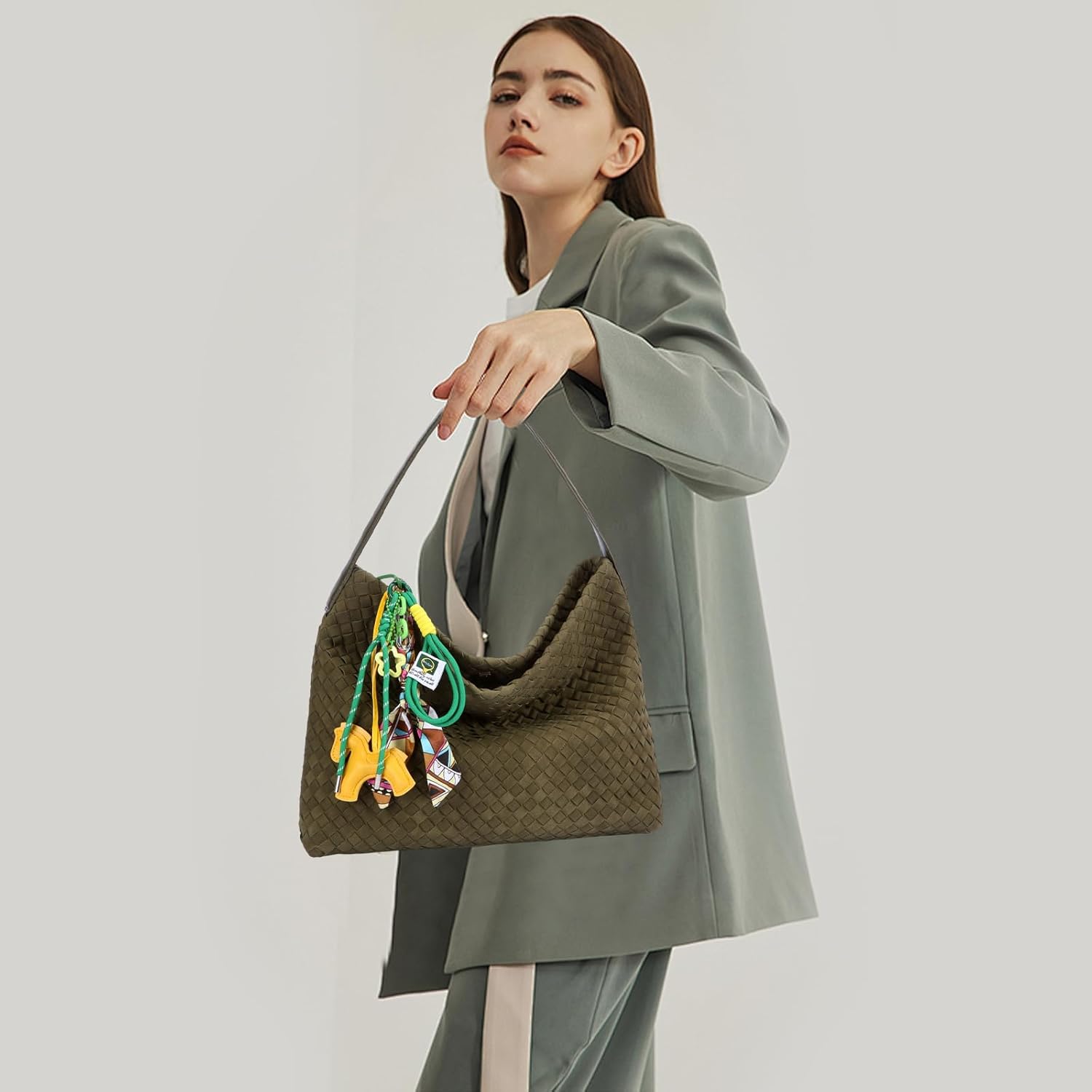 Suede Hobo Bags for Women Fall Woven Purse Slouchy Shoulder Crossbody Bag with Silk Scarf - Image 2