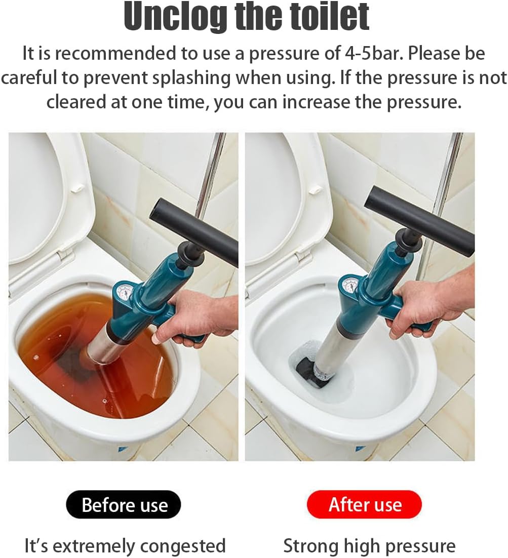 Toilet Plunger-Silver White, High Pressure Air Drain Blaster Gun, Air Compression Drain Blaster Stainless Steel Toilet Unclogger Clog Remover With Real-Time Barometer, For Toilet And Kitchen