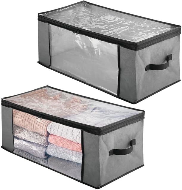 mDesign Set of 2 Clothes Storage Boxes Zip Storage Box Set for Clothing, Accessories and Bedding Linen Storage Boxes for the Home Charcoal Grey/Black
