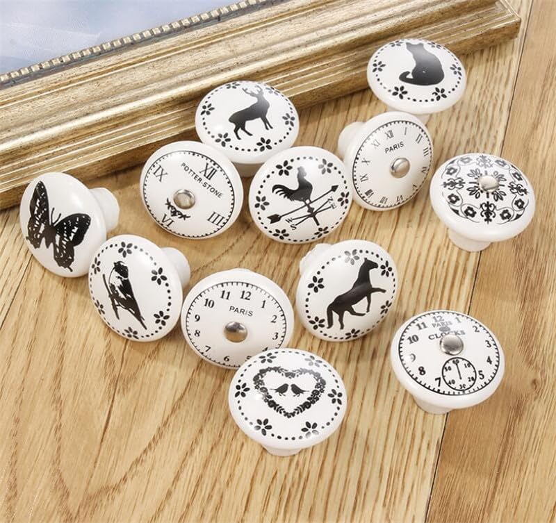 30pcs/lot Black & White Printed Decorative Round Ceramic Knob, Cabinet Hardware, Modern Wardrobe Furniture Door
