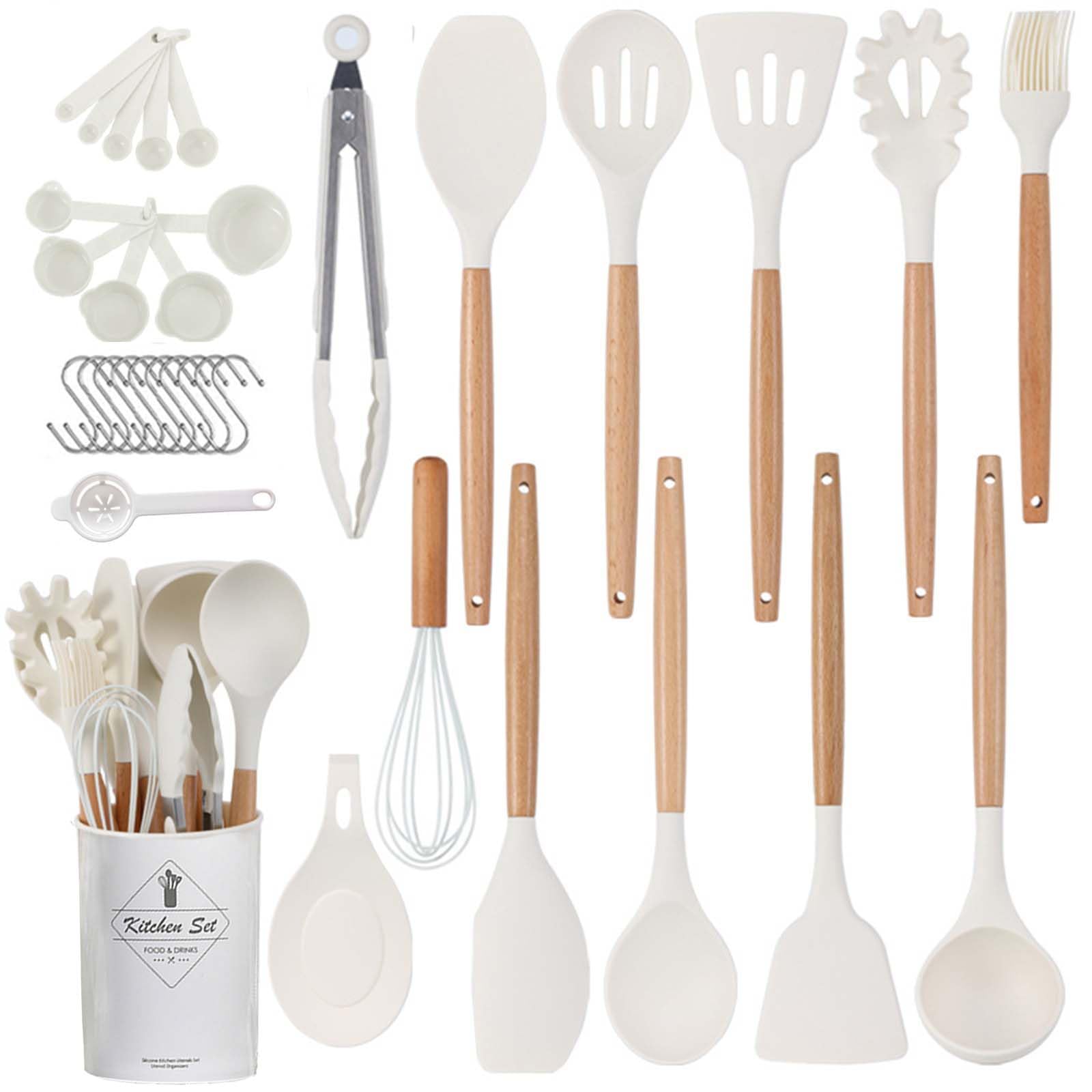 Juego de utensilios de cocina de silicona de 34 piezas, juego de utensilios de cocina de silicona con 10 ganchos, batidores de huevos, soportes de alimentos, cucharas de cocina, herramientas de cocina