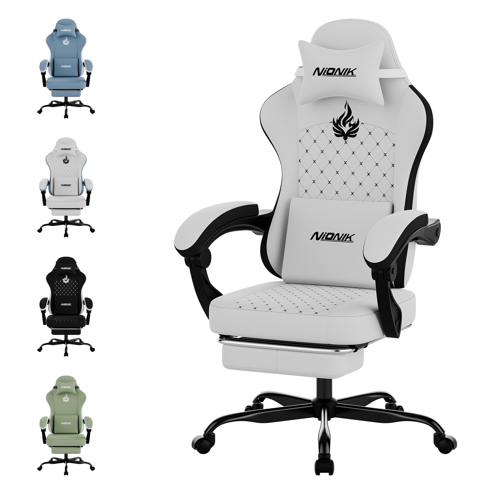 NIONIK Gaming Stuhl, Ergonomischer Bürostuhl mit Fußstütze & Lordosenstütze, Höhenverstellbarer Schreibtischstuhl für Erwachsene, PC Gaming Stuhl für E-Sports, E-Sport, Streaming und Homeoffice