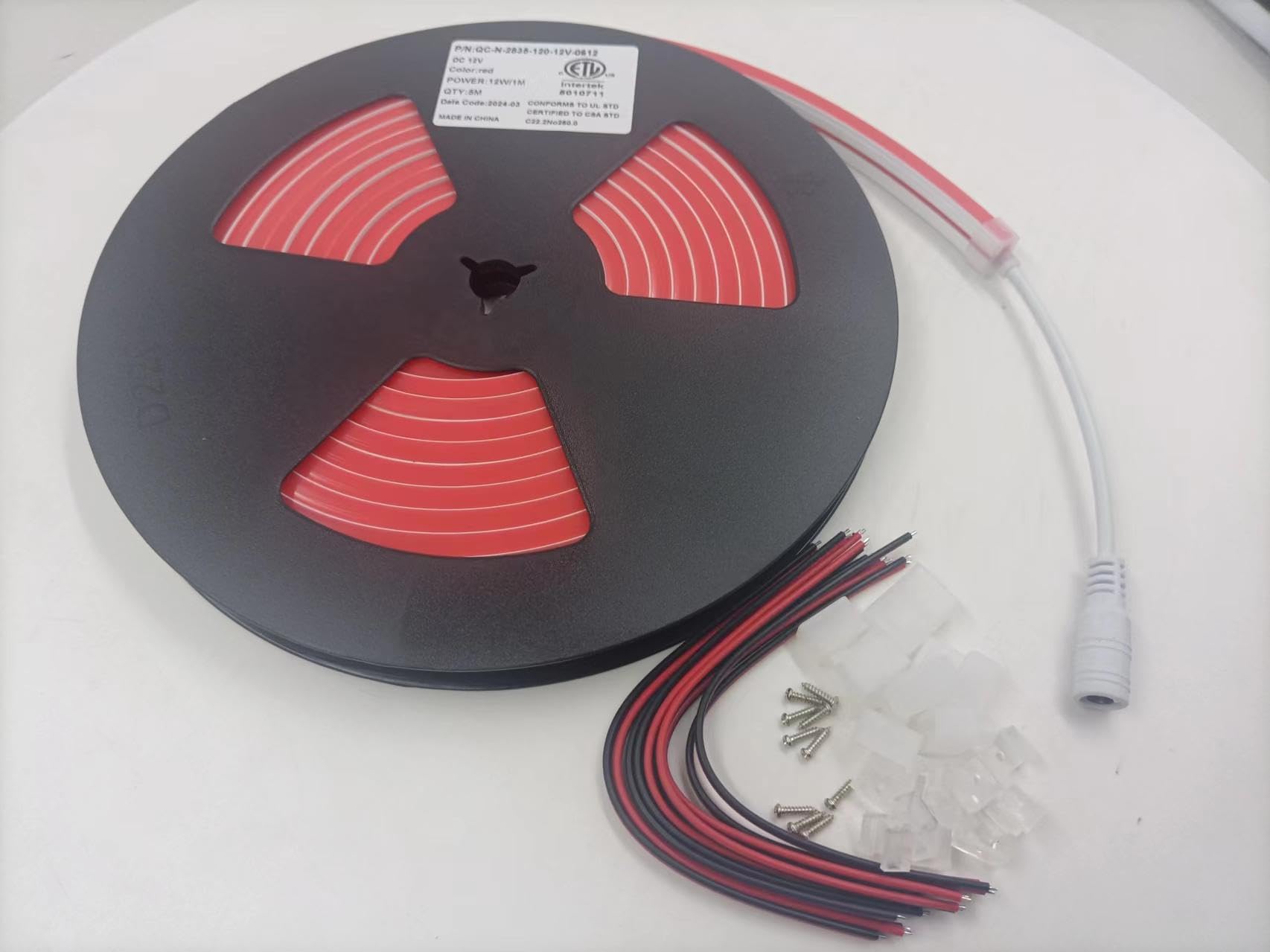 Q QINGCHEN Red Neon Led Strip Lights ETL Certificated, 16.4ft/5m, 12V Waterproof Silicone LED Neon Rope Light for Kitchen Bedroom Cabinets Decoration (Power Adapter not Included)