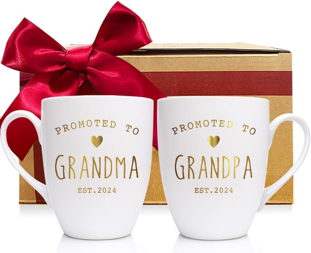 CATABUBU EST 2024 Promoted to Be Grandpa Grandma Mugs Set Gift for New Grandparents, Est 2024 First Time Grandparents Mugs Set, Baby Reveal Pregnancy Announcement Mug Gifts for Grandpa Grandma