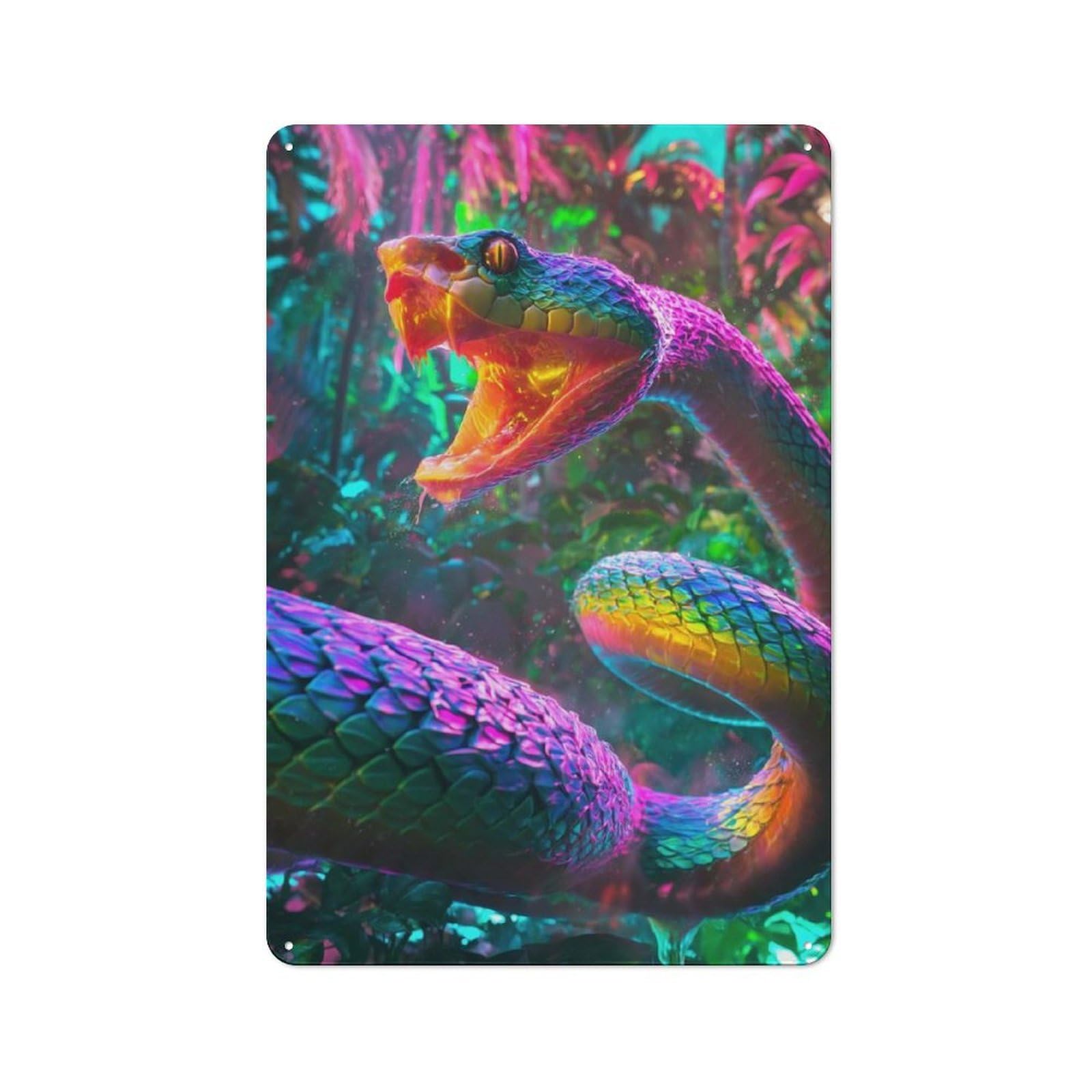 Vibrant Snake in Neon Jungle Printed Metal Sign 30x20cm for Guest Room Or Hallway, for Vintage Wall Decor Fans, for Garage And Workshop Walls