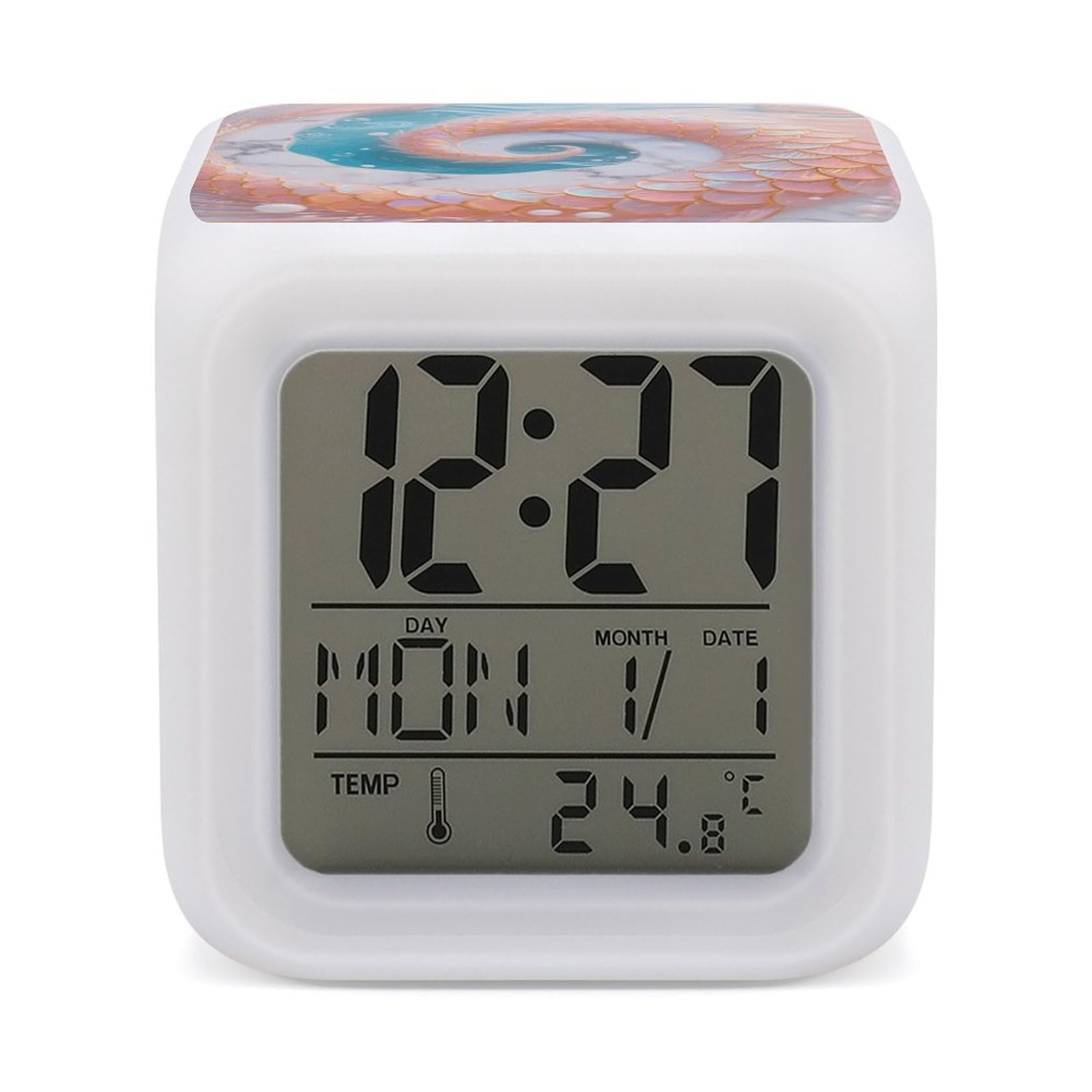 VstaDank Mermaid Fish Scales Marble Alarm Clock with Date Temperature Large LED Display Number Clocks with 7 Colors Changing Desk Clock Battery Operated Digital Clocks with Date for Heavy Sleepers