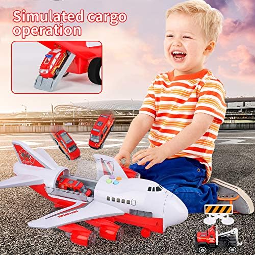 Veluoess Transport Cargo Airplane Car Toy Set, Transport Airplane Toy with 6 Mini Fire Trucks and Scene Play Mat Children Early Educational Toy with Sound and Light Best Gift for Kids 3+