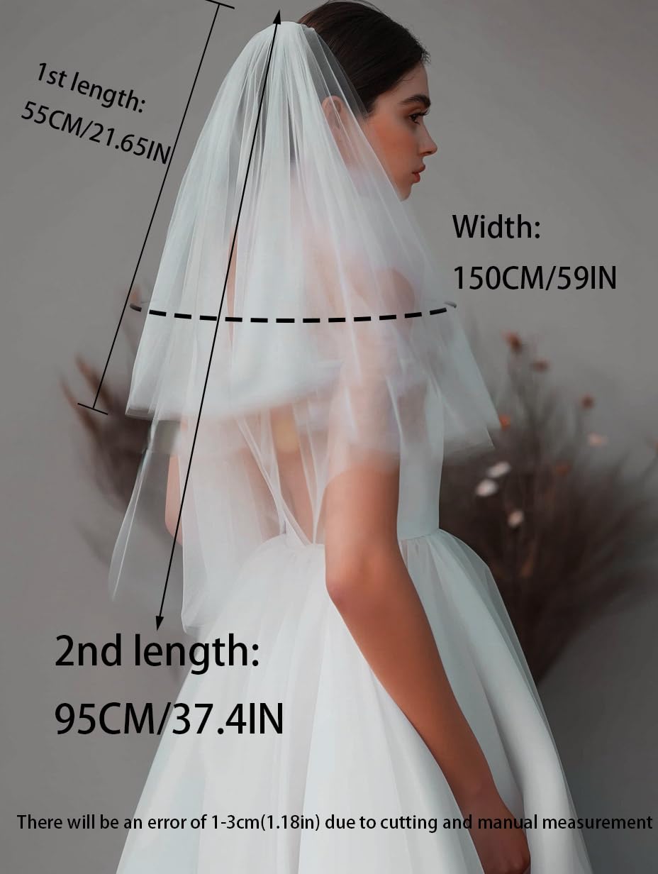 Unsutuo 2 Layer Wedding Veil Short Bridal Veil Fingertip Length Tulle Veils with Comb and Cut Edge (Ivory) - Image 3