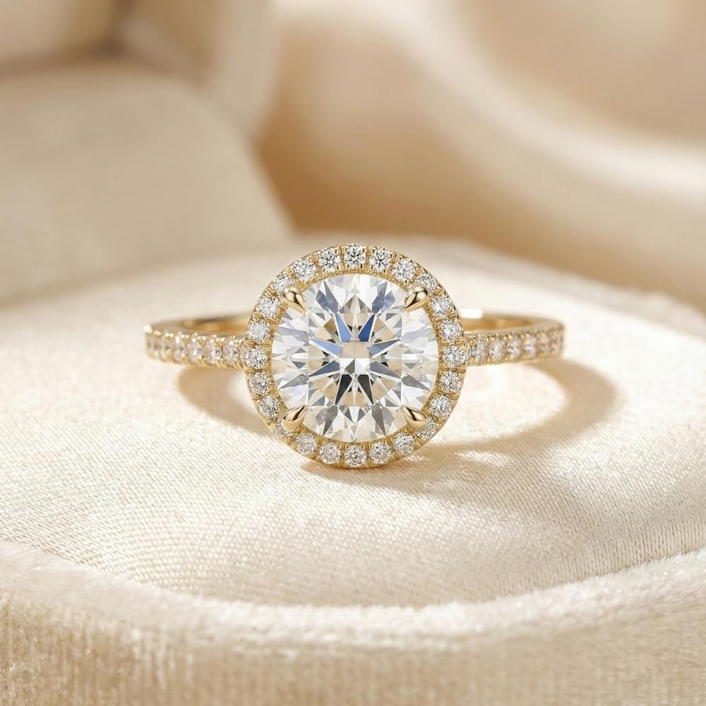 2 Carat Round Cut D Color VVS1 Moissanite Halo Engagement Ring for Women with Accent Stones in Sterling Silver or 18K Yellow Gold Plated or Rose Gold Plated Silver