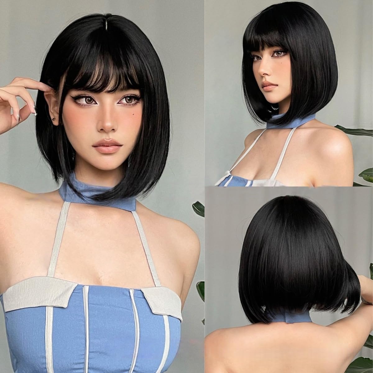 Short Straight Bob Black Brown Human Hair Wigs With Bangs Natural Look Lightweight For Women Daily Use (Black)