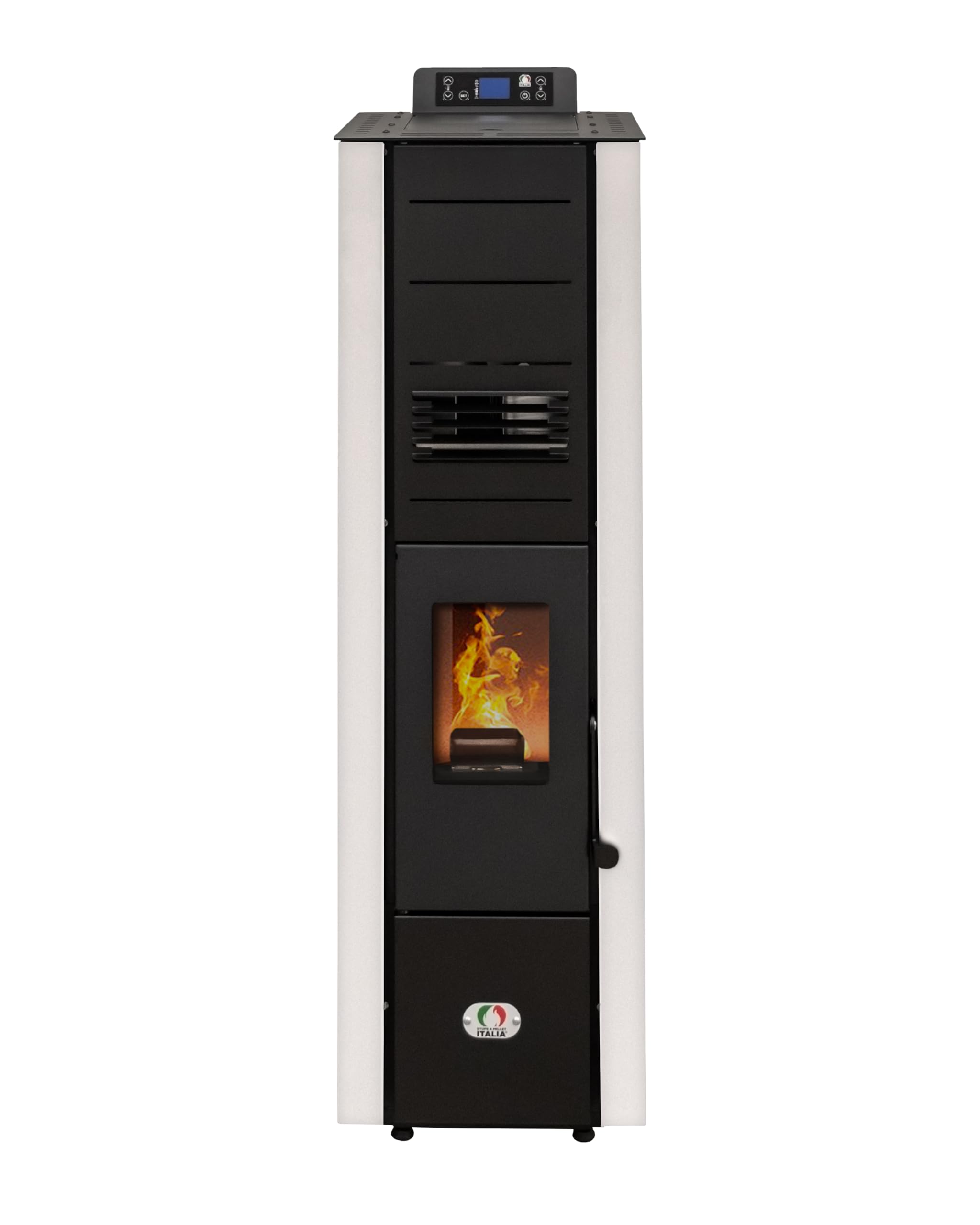 STUFE A PELLET ITALIA Colonna 10 Kw – Estufa de aire ventilado, eficiencia 85%, 80 m², diseño compacto, programable, 5 velocidades, 24 meses garantía, blanco