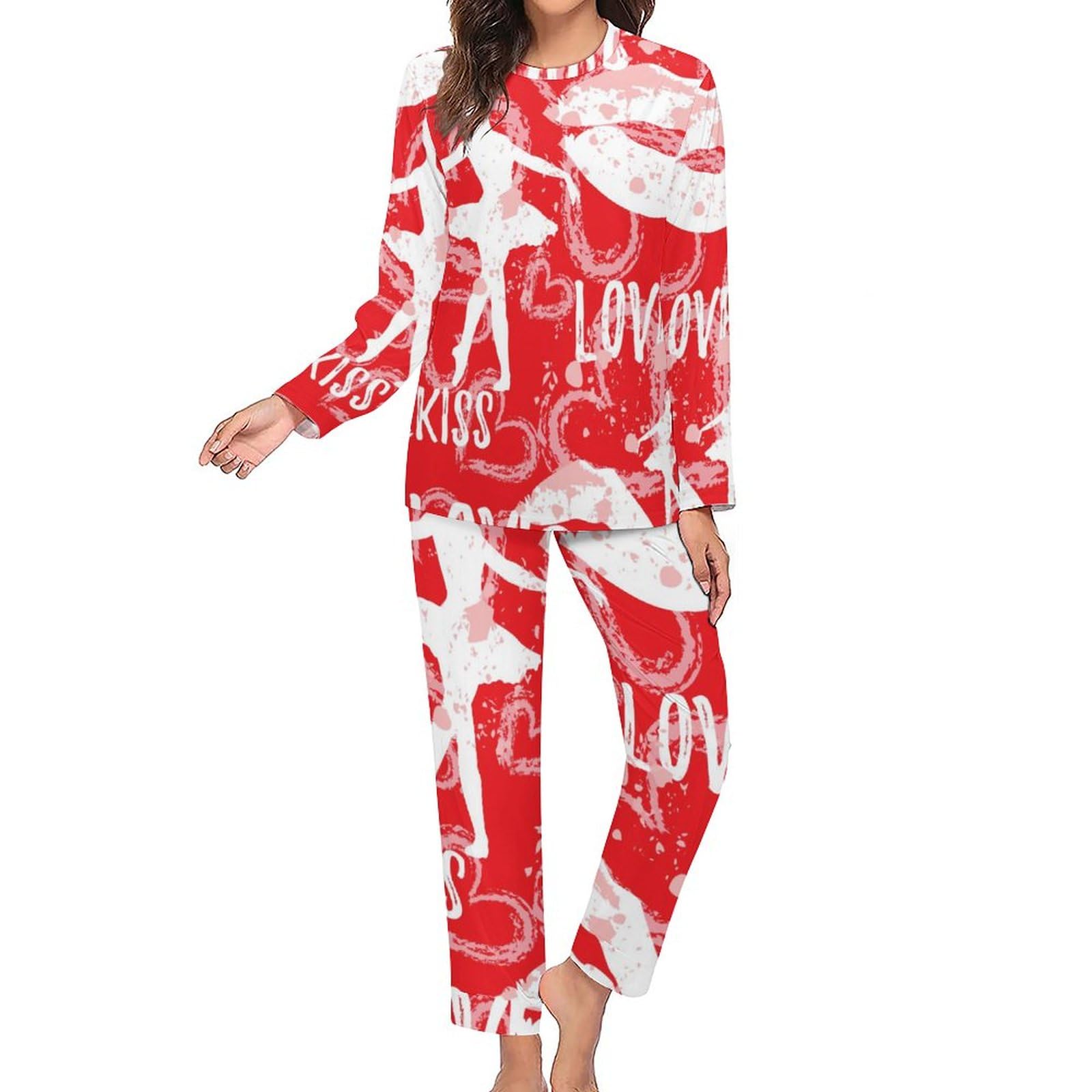 UMENG Ballettmädchen-Lippen Damen Schlafanzug Lange Pyjama Set Zweiteiliger Nachtwäsche Langarm Hausanzug Sleepwear