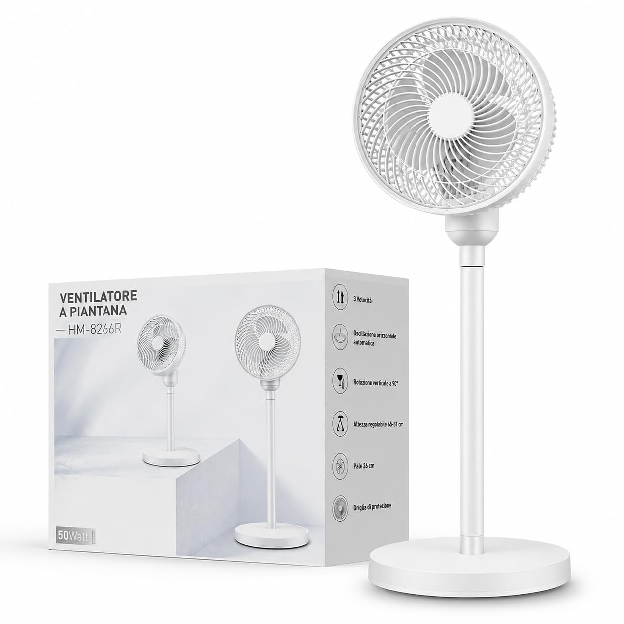 Ventilatore a Piantana - Oscillante - 50W - 3 Velocità Regolabile | Oscillazione automatica, altezza regolabile 65-81 cm, pale 26 cm, inclinazione 90°, base stabile, uso casa e ufficio