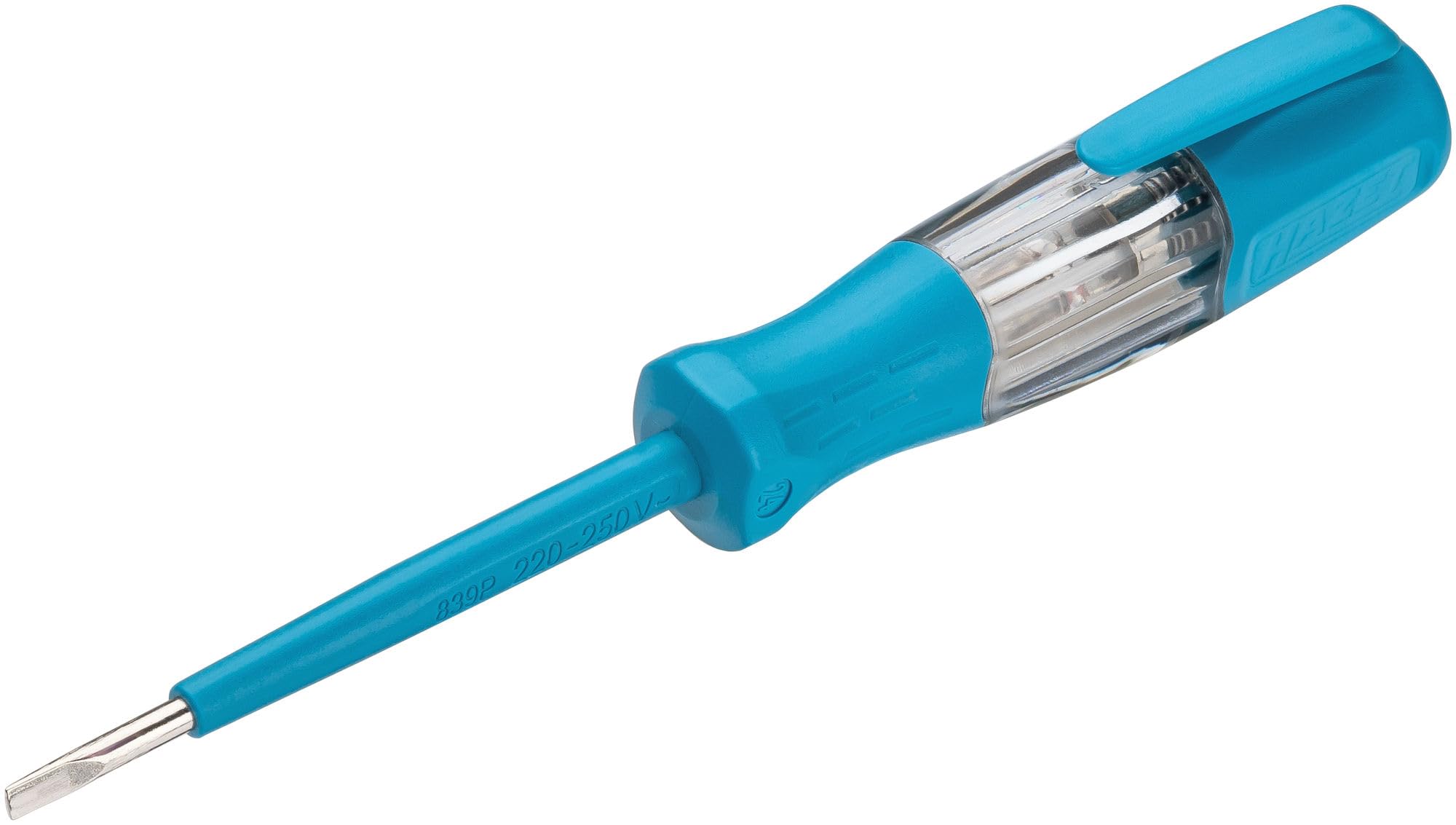 HAZET Tester fazy VDE 839P, 220–250 V, ostrze szczelinowe 0,5 x 3 mm, izolowany uchwyt z tworzywa sztucznego, z klipsem, do testowania napięcia elektrycznego