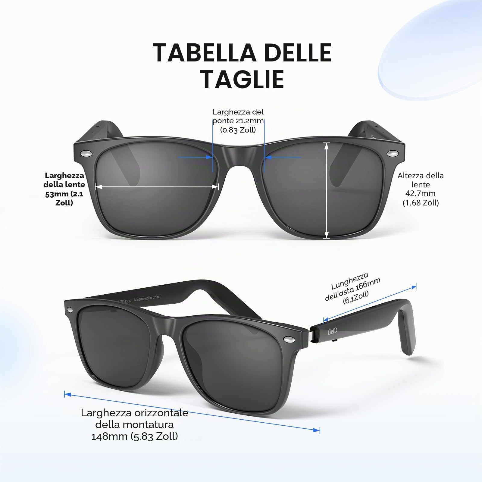 GetD Occhiali Intelligenti, Occhiali Audio Bluetooth Open-Ear con Altoparlante e Doppio Microfono, Occhiali da Sole Polarizzati TAC per Uomini e Donne, TR90 Telaio Nero (Lenti Grigio)