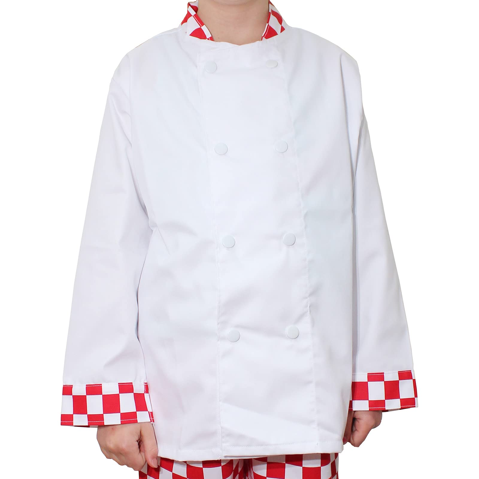 Children's chef jackets kithchen cooking fun in various sizes and colours(7-9yrs, Red Check Cuff)