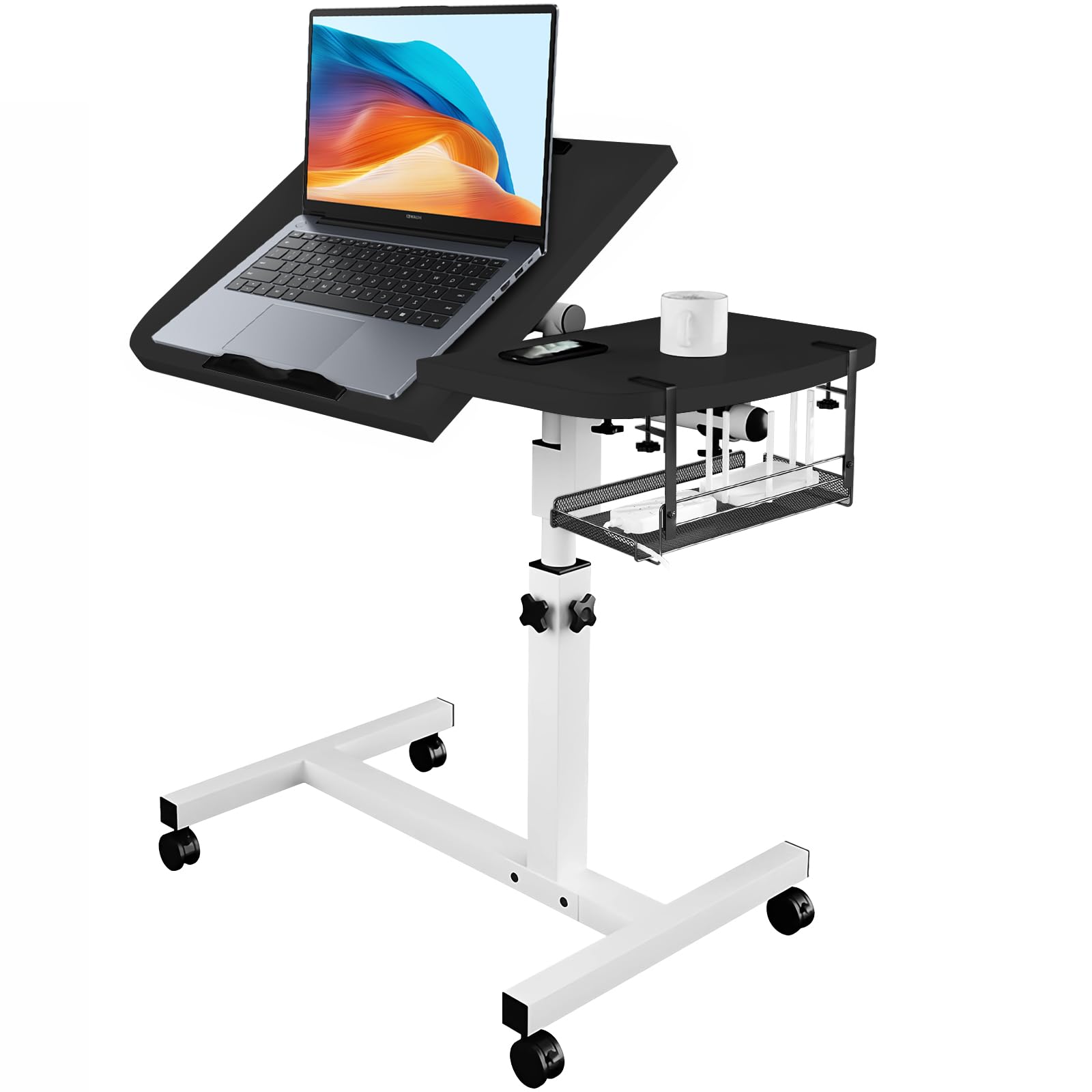 Tavolino regolabile per laptop con scrivania inclinabile, ruote e cestino portaoggetti rimovibile, per casa, ufficio, studio, lettura e recupero, 65-95 cm, nero