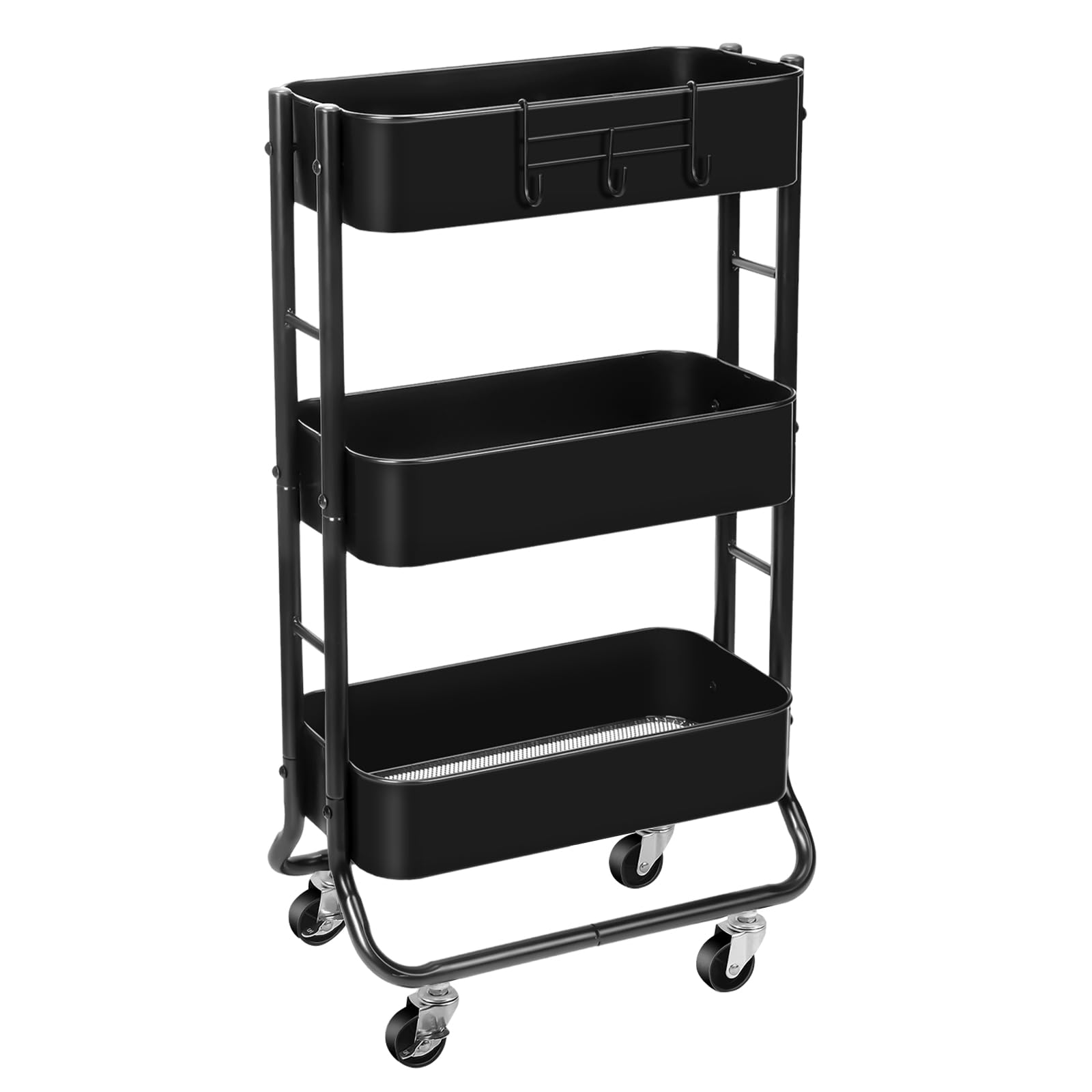 MAX Houser Slim 3-Tier Rolling Utility Cart, Narrow Metal Bathroom Storage Multifunctional Organizer Carts with Wheels with Extra Hook, Laundry Room,