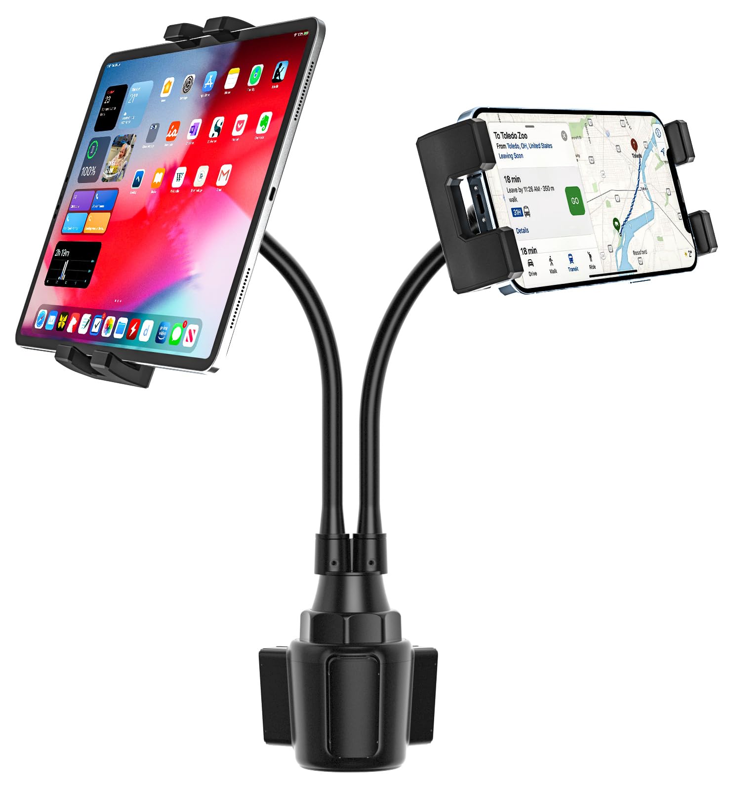 YOOZ Dual Car Tablet Mount for Cup Holder, Gooseneck Car Cupholder Tablet Holder with Strong Long Arm 10